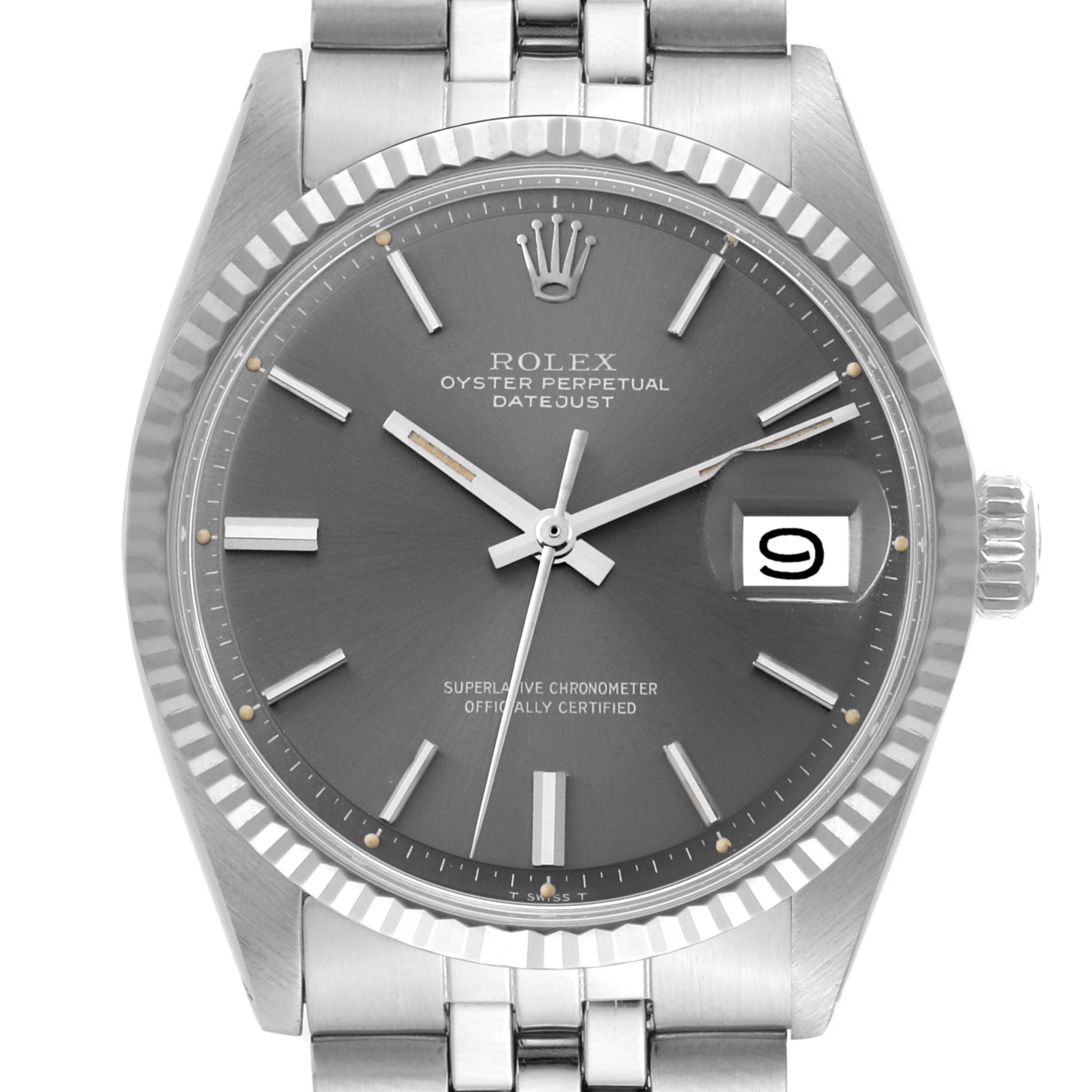 The Rolex Vintage Collection 1601 Men's Stainless Steel Grey Dial 1601 Men's Stainless Steel Grey Dial model is shown from the front, displaying the dial, hands, hour markers, and date window.