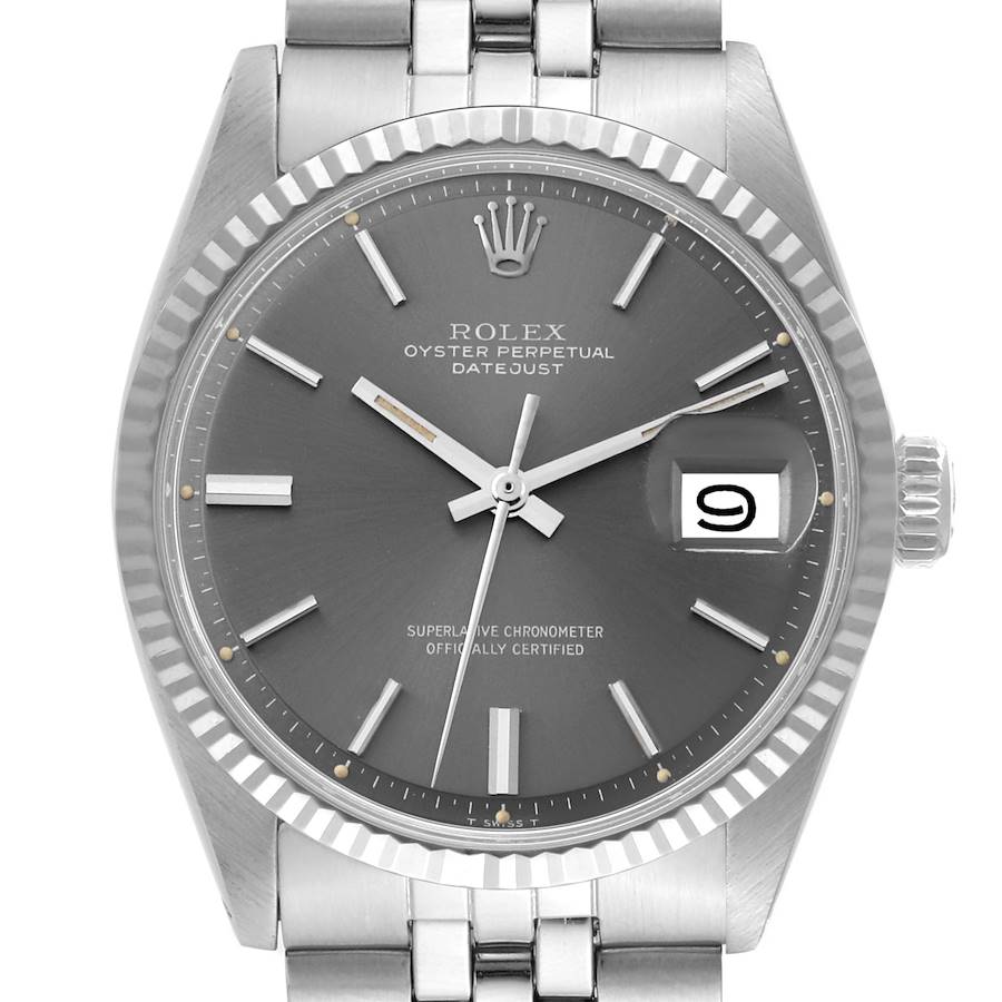 Rolex Datejust Steel White Gold Silver Grey Dial Vintage Mens Watch 1601 SwissWatchExpo
