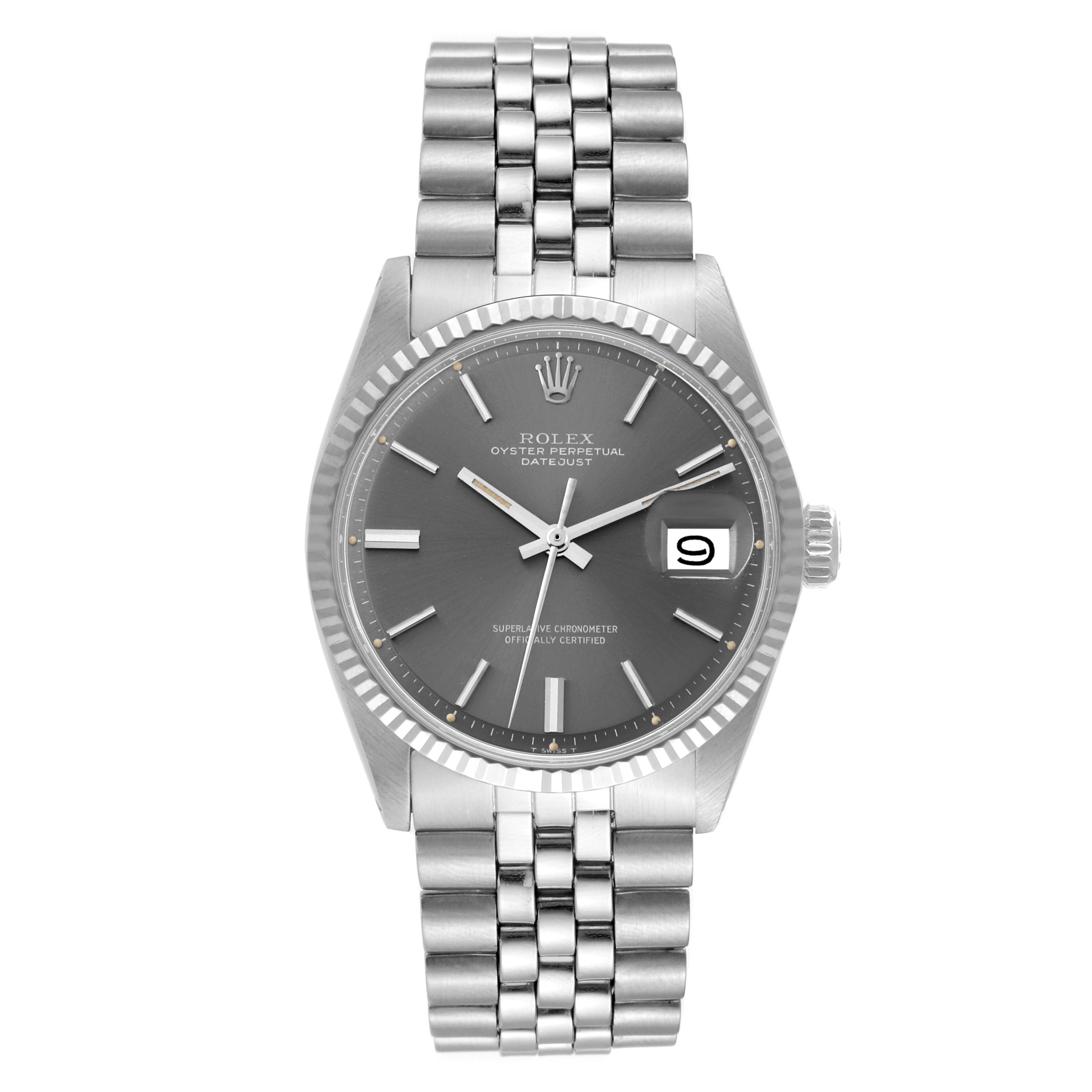 The image shows a front view of a Rolex Vintage Collection 1601 Men's Stainless Steel Grey Dial 1601 Men's Stainless Steel Grey Dial watch, displaying the dial, bezel, bracelet, and date window.