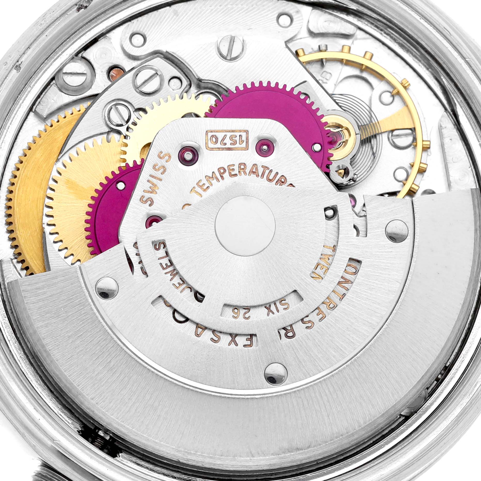 This image shows the detailed internal mechanical components of a Rolex Vintage Collection 1601 Men's Stainless Steel Grey Dial 1601 Men's Stainless Steel Grey Dial model watch at a close-up angle.