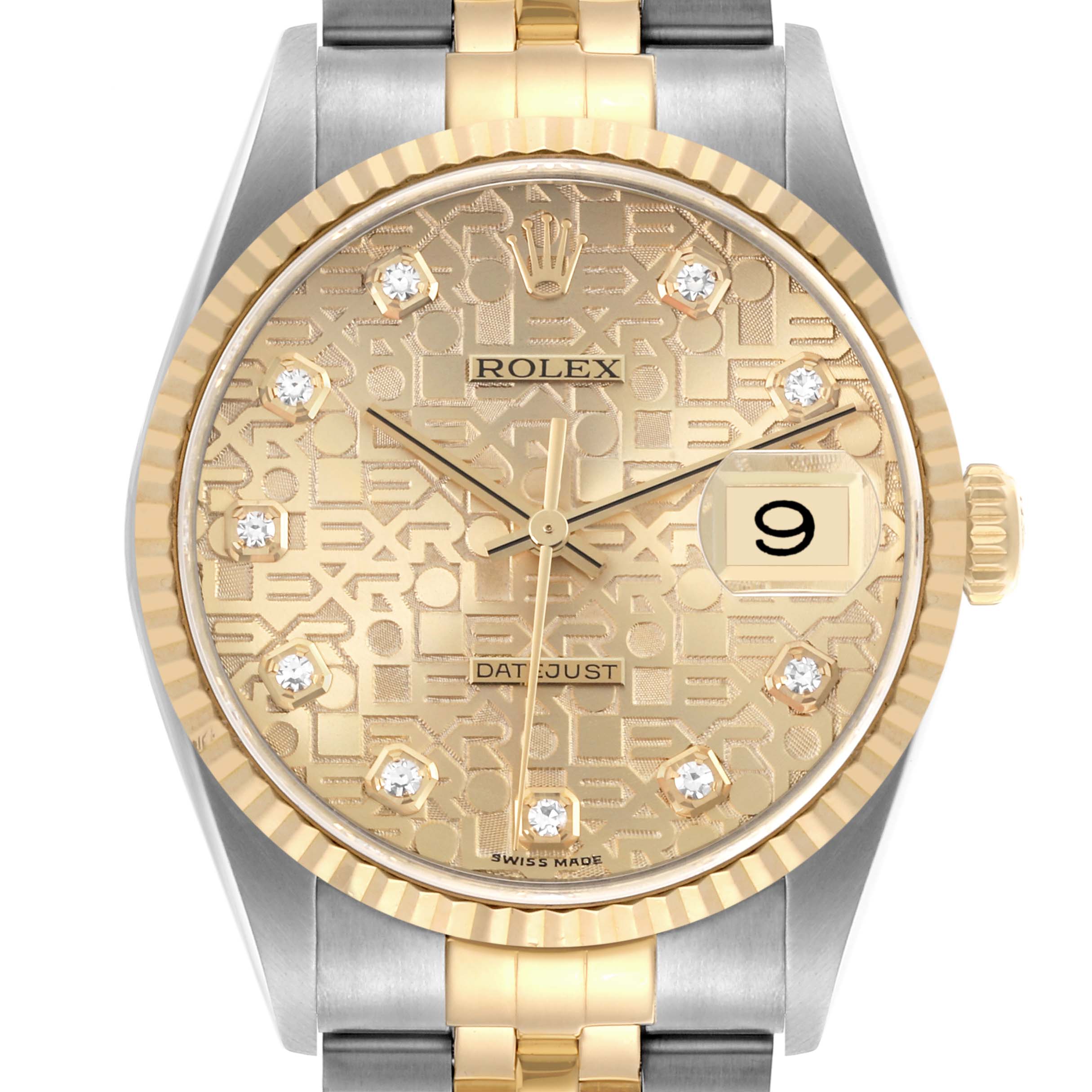 The Rolex Datejust 16233 Men's Steel and Gold (two tone) Champagne Dial 16233 Men's Steel and Gold (two tone) Champagne Dial watch is shown from a front angle, highlighting its gold dial, fluted bezel, and part of the two-tone bracelet.