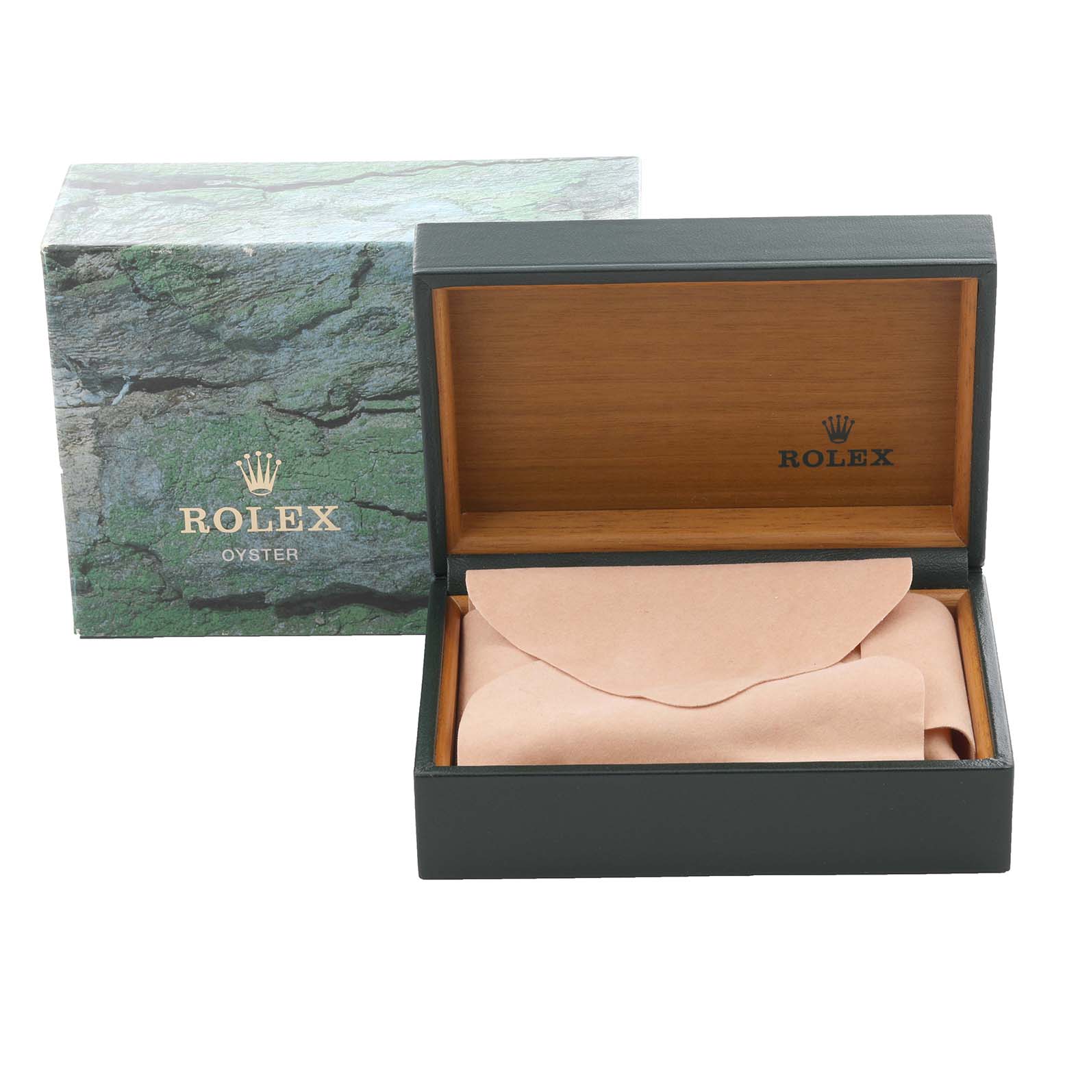 The image shows a Rolex Datejust 16233 Men's Steel and Gold (two tone) Champagne Dial 16233 Men's Steel and Gold (two tone) Champagne Dial watch box and protective cover, viewed from the front with an open lid.