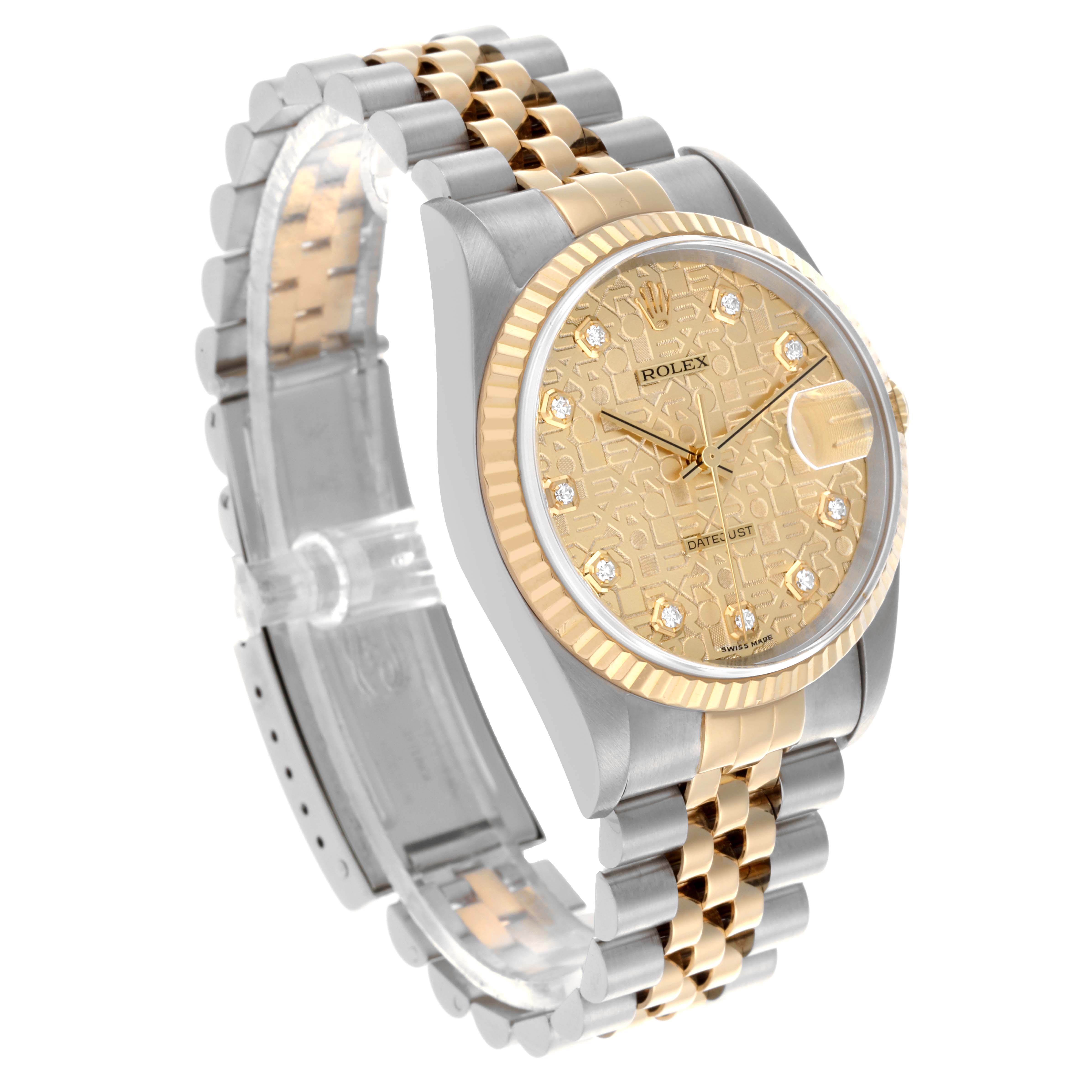 The Rolex Datejust 16233 Men's Steel and Gold (two tone) Champagne Dial 16233 Men's Steel and Gold (two tone) Champagne Dial watch is shown at a three-quarter angle, featuring the bracelet, dial, and bezel.