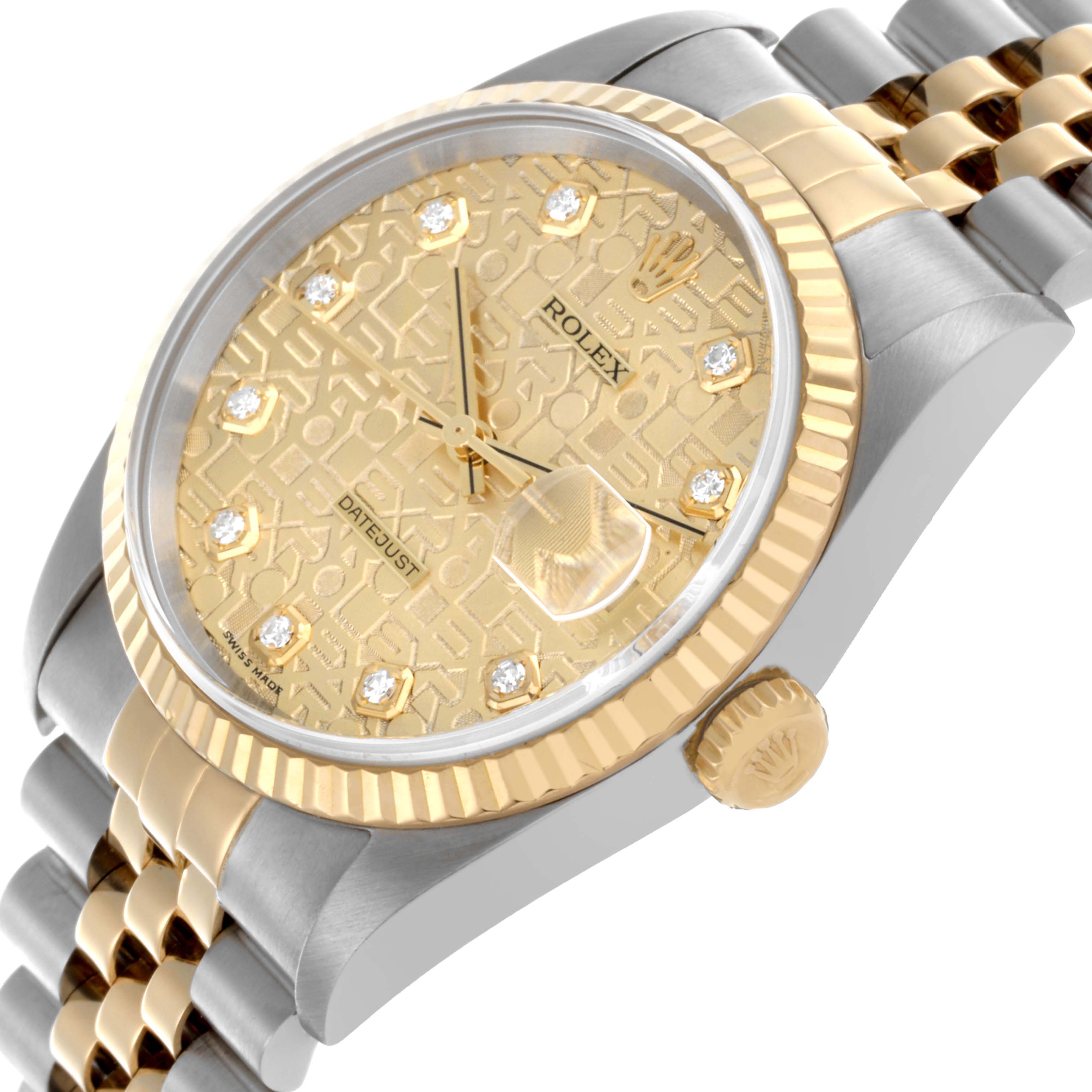 The Rolex Datejust 16233 Men's Steel and Gold (two tone) Champagne Dial 16233 Men's Steel and Gold (two tone) Champagne Dial watch is shown from an angled front view, highlighting the dial, bezel, and part of the bracelet.