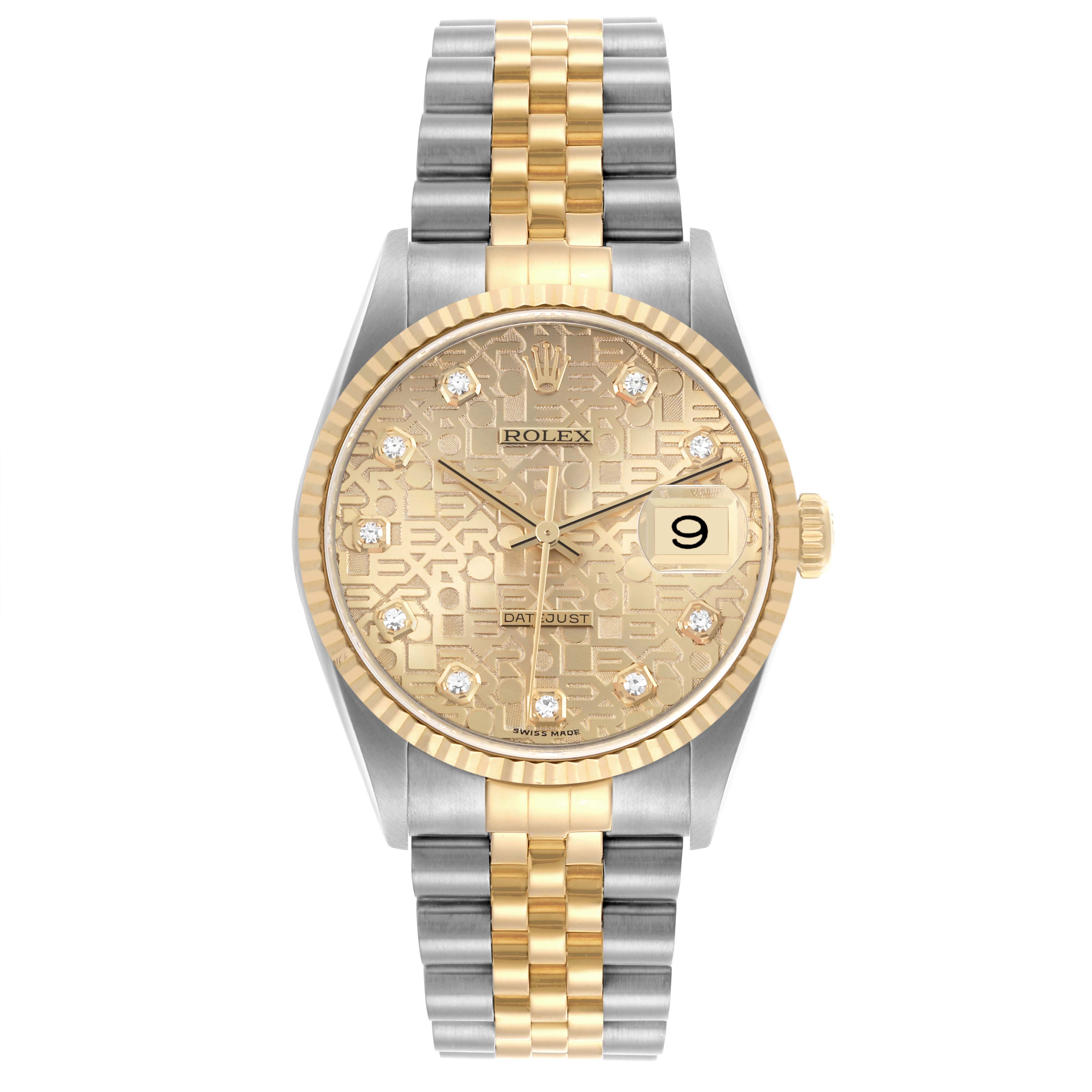 The Rolex Datejust 16233 Men's Steel and Gold (two tone) Champagne Dial 16233 Men's Steel and Gold (two tone) Champagne Dial watch is shown from a front angle, highlighting its gold and silver bracelet and detailed dial.