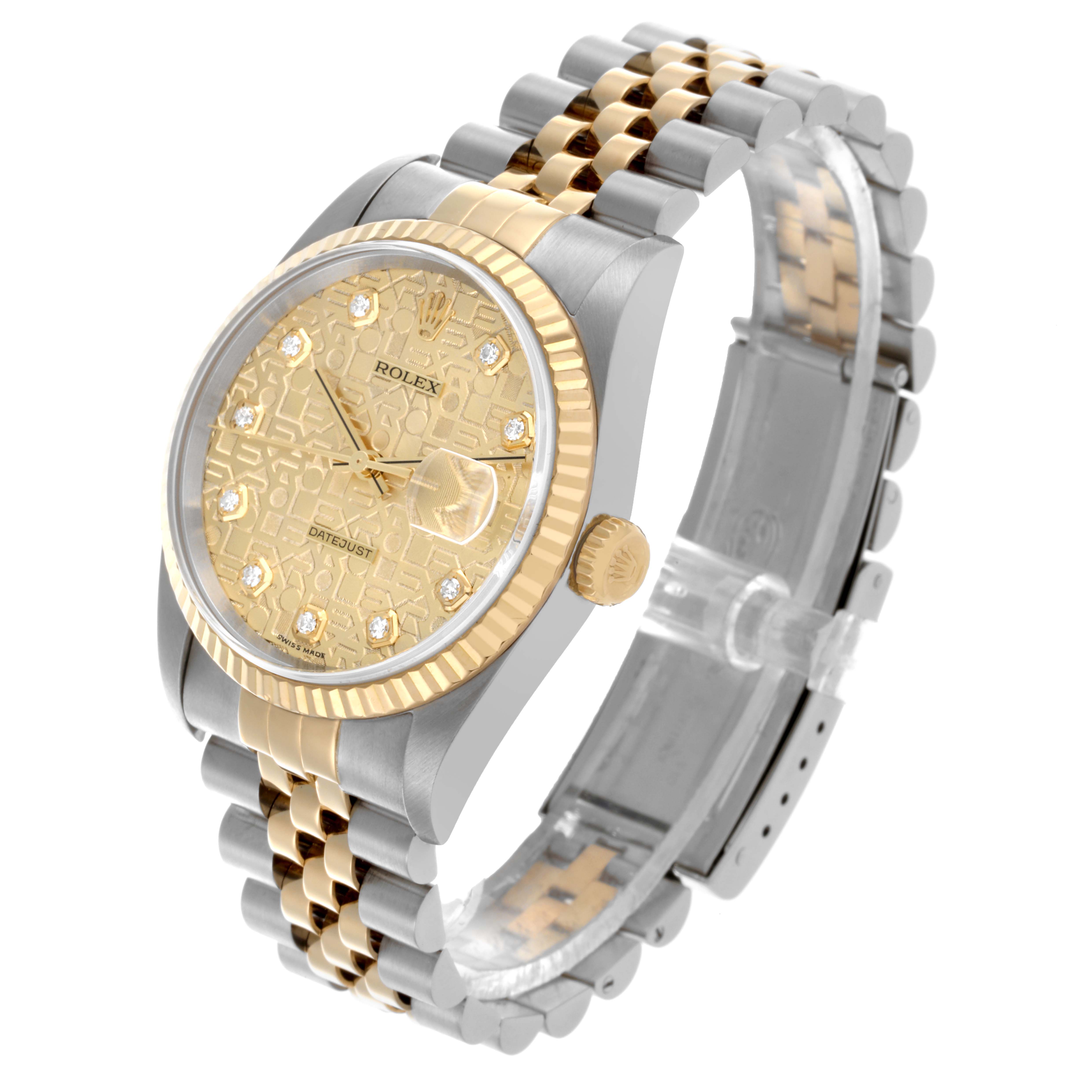 The Rolex Datejust 16233 Men's Steel and Gold (two tone) Champagne Dial 16233 Men's Steel and Gold (two tone) Champagne Dial watch is shown at a three-quarter angle, highlighting the face, bezel, crown, and bi-metal bracelet.