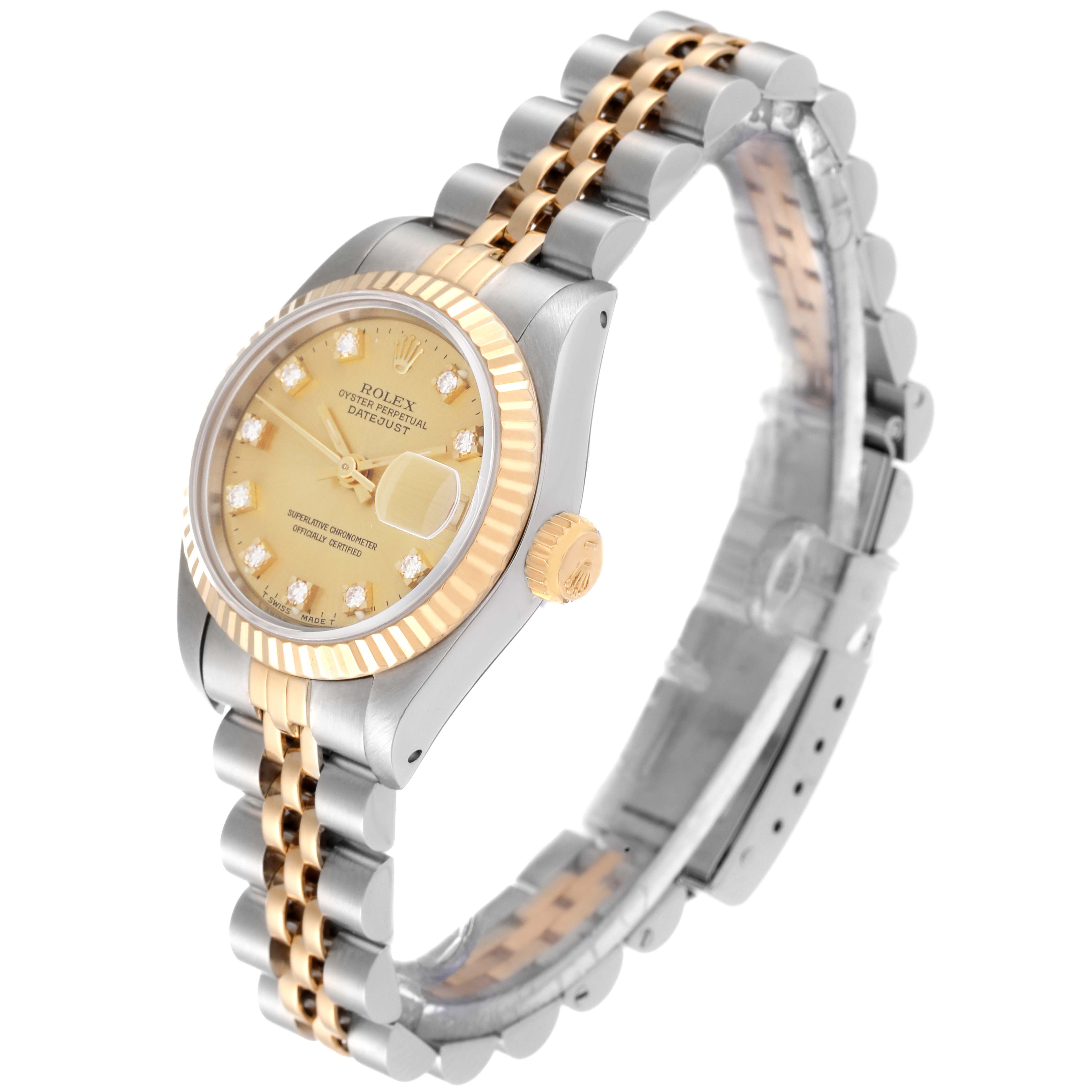 The Rolex Datejust 69173 Women's Steel and Gold (two tone) Champagne Dial 69173 Women's Steel and Gold (two tone) Champagne Dial watch is shown at a slight angle, displaying the face, crown, and two-tone metal bracelet.