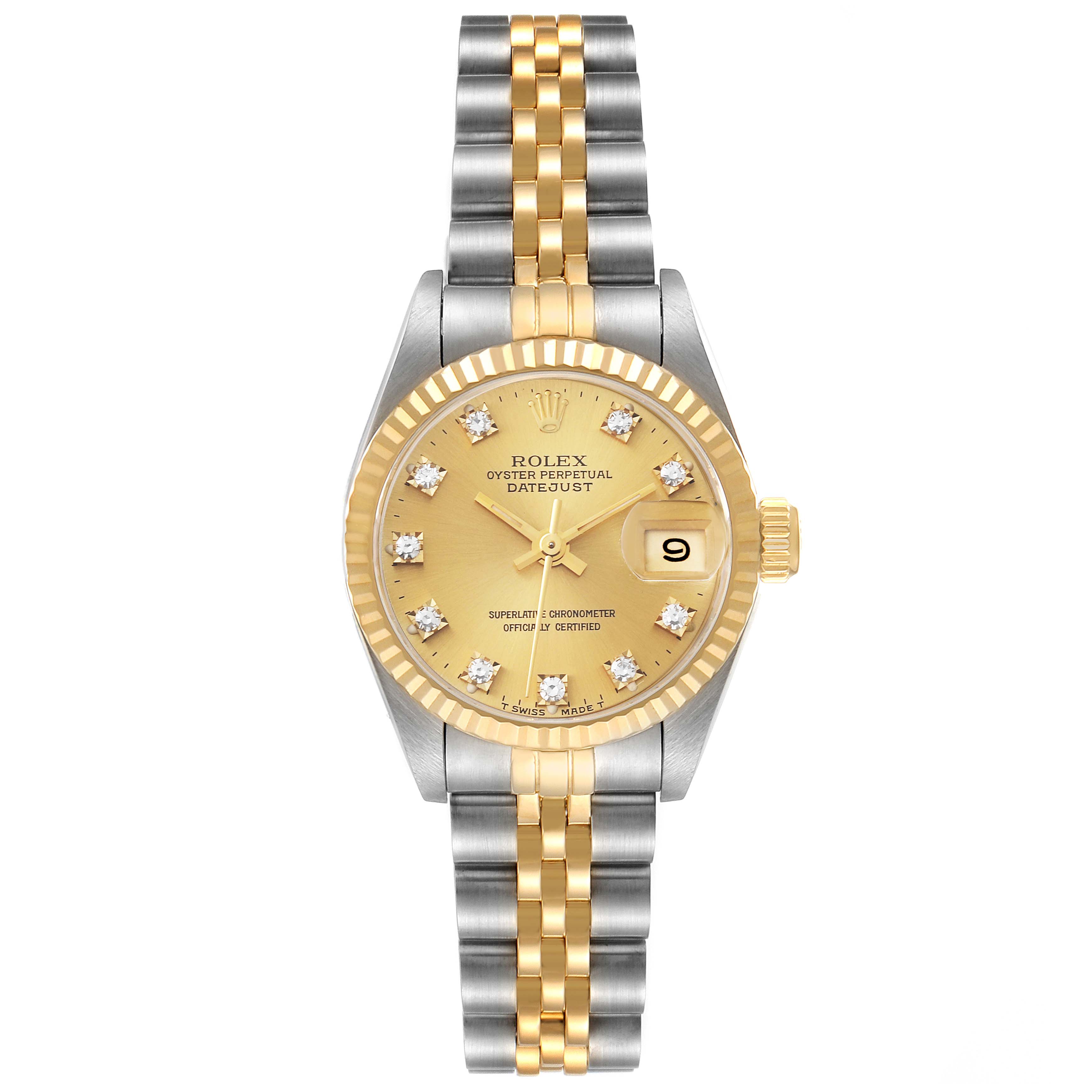 The image shows a Rolex Datejust 69173 Women's Steel and Gold (two tone) Champagne Dial 69173 Women's Steel and Gold (two tone) Champagne Dial watch photographed from the front, highlighting its two-tone bracelet and diamond hour markers.