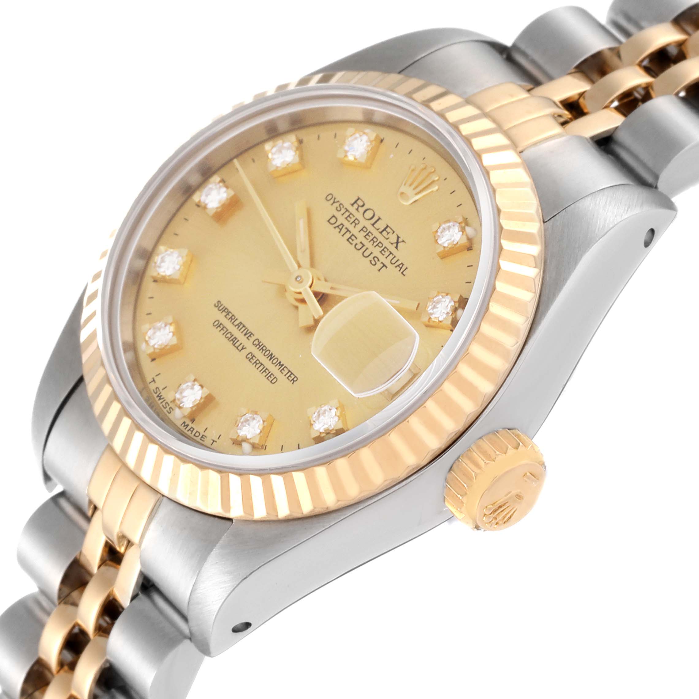 The image shows a side angle view of a Rolex Datejust 69173 Women's Steel and Gold (two tone) Champagne Dial 69173 Women's Steel and Gold (two tone) Champagne Dial watch, highlighting the bezel, dial, crown, and bracelet.