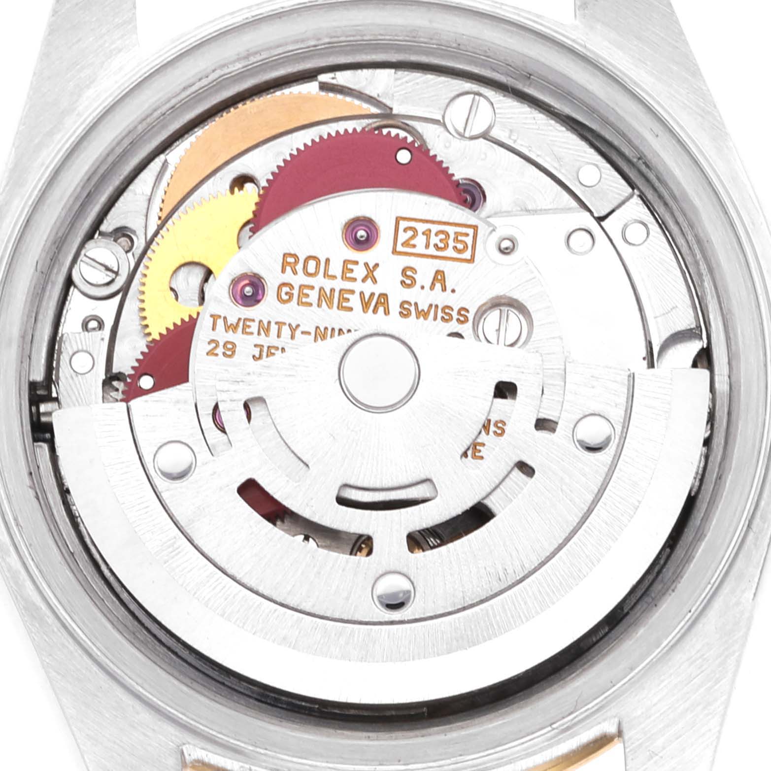 The image shows the back view of the Rolex Datejust 69173 Women's Steel and Gold (two tone) Champagne Dial 69173 Women's Steel and Gold (two tone) Champagne Dial watch, focusing on its internal movement and gears.