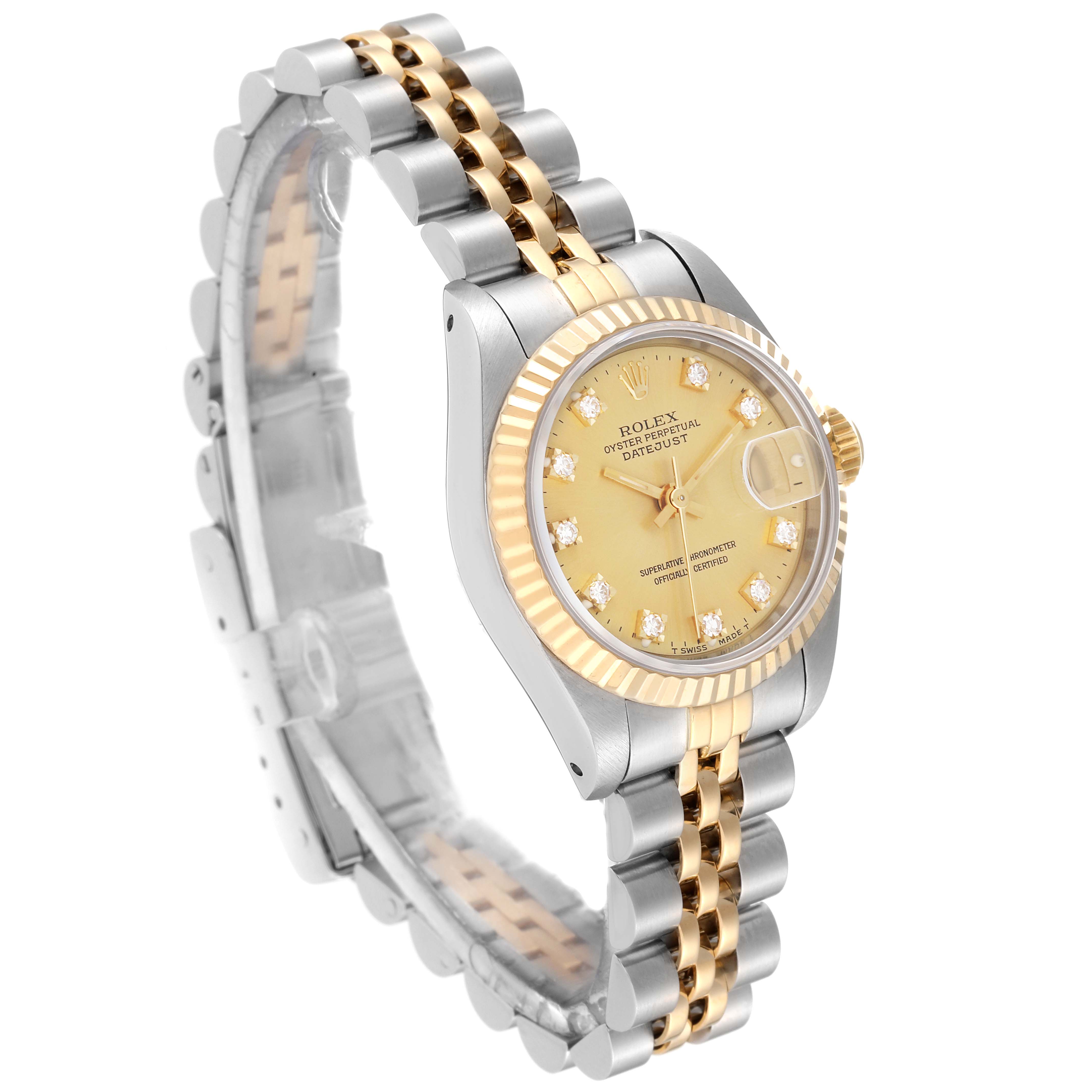 The image shows a Rolex Datejust 69173 Women's Steel and Gold (two tone) Champagne Dial 69173 Women's Steel and Gold (two tone) Champagne Dial watch at a three-quarter angle, displaying its face, bezel, crown, and two-tone bracelet.