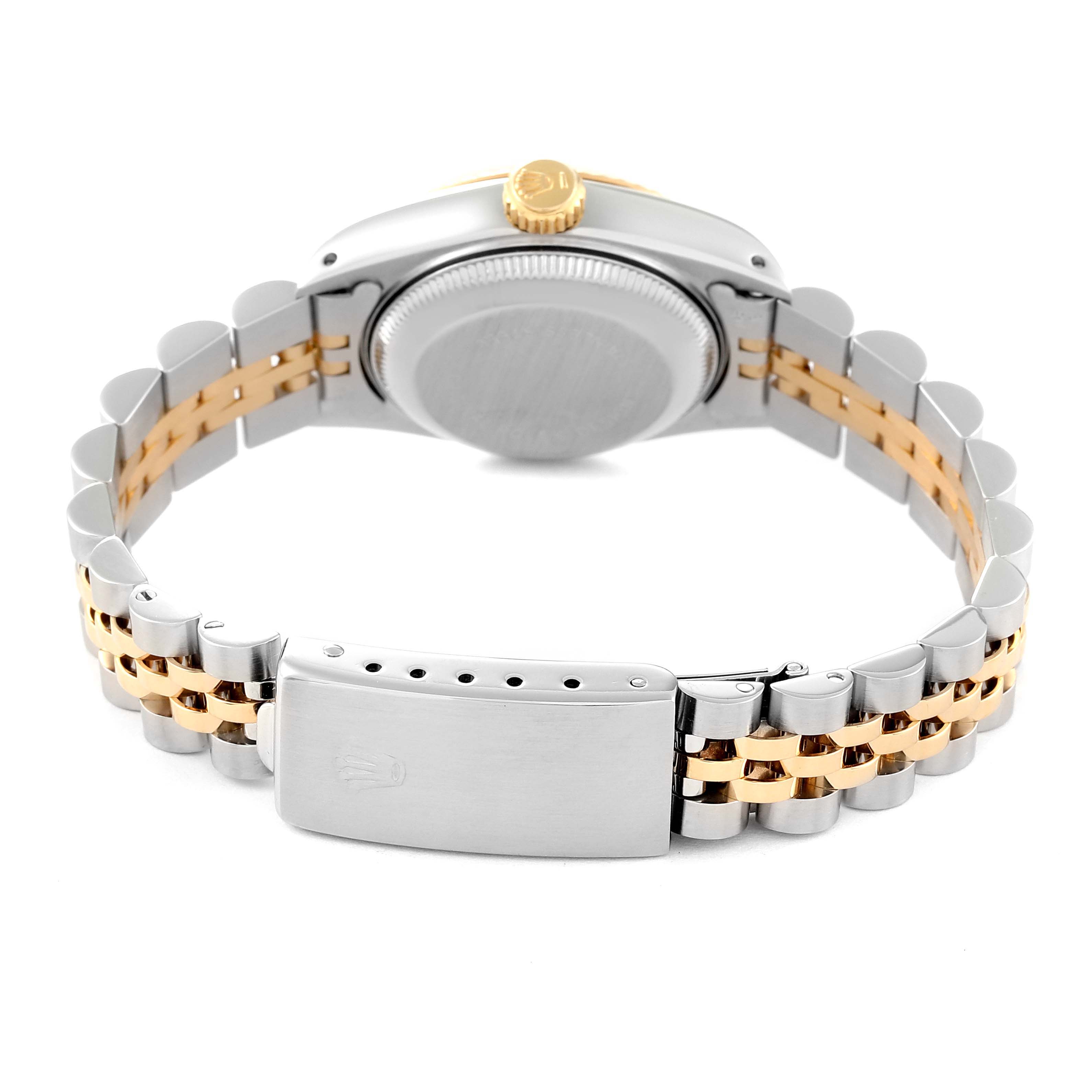 The image shows the back view of a Rolex Datejust 69173 Women's Steel and Gold (two tone) Champagne Dial 69173 Women's Steel and Gold (two tone) Champagne Dial watch, highlighting the case, crown, and two-tone bracelet with the clasp visible.
