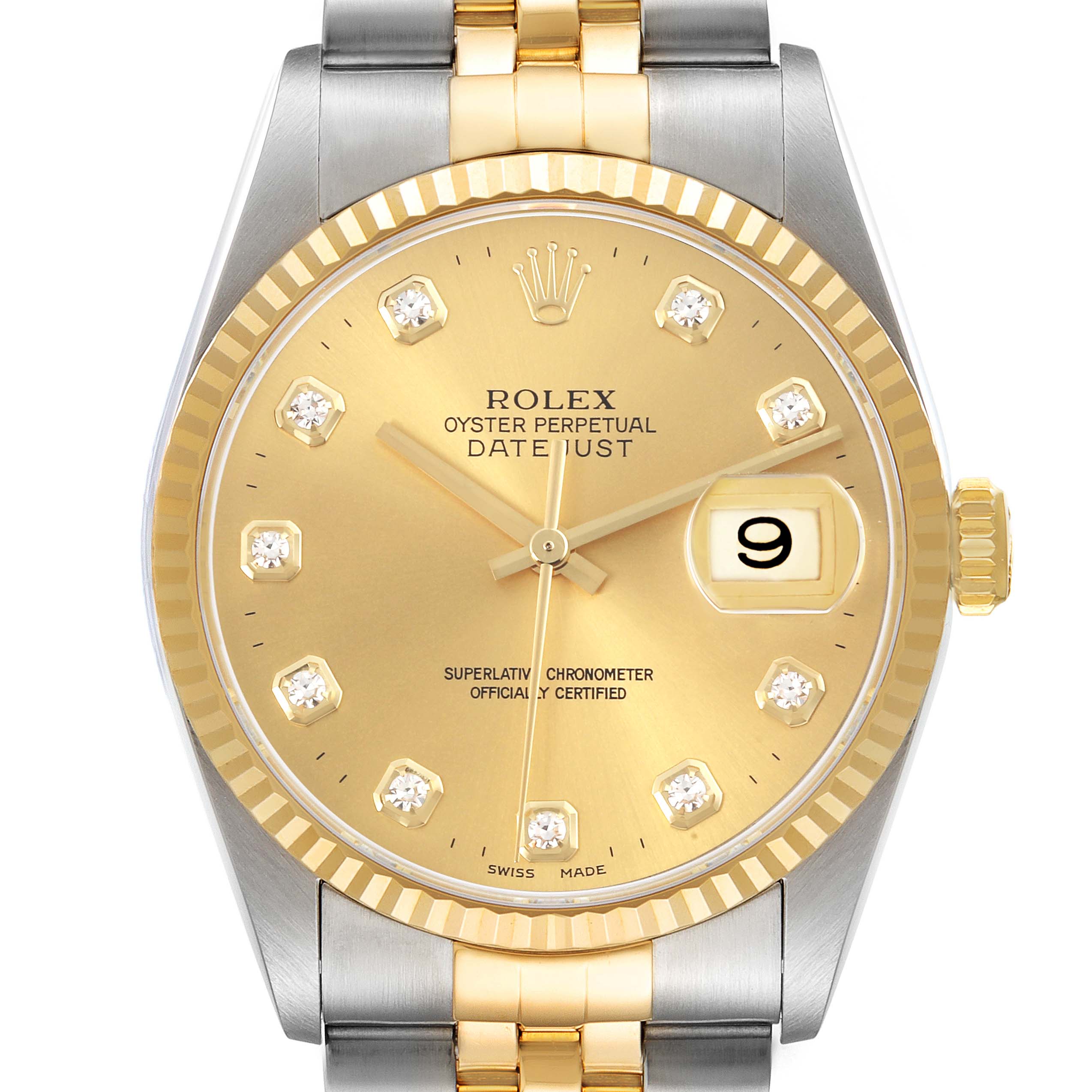 The Rolex Datejust 16233 Men's Steel and Gold (two tone) Champagne Dial 16233 Men's Steel and Gold (two tone) Champagne Dial is shown from a front angle, displaying the dial, case, bezel, and part of the bracelet.