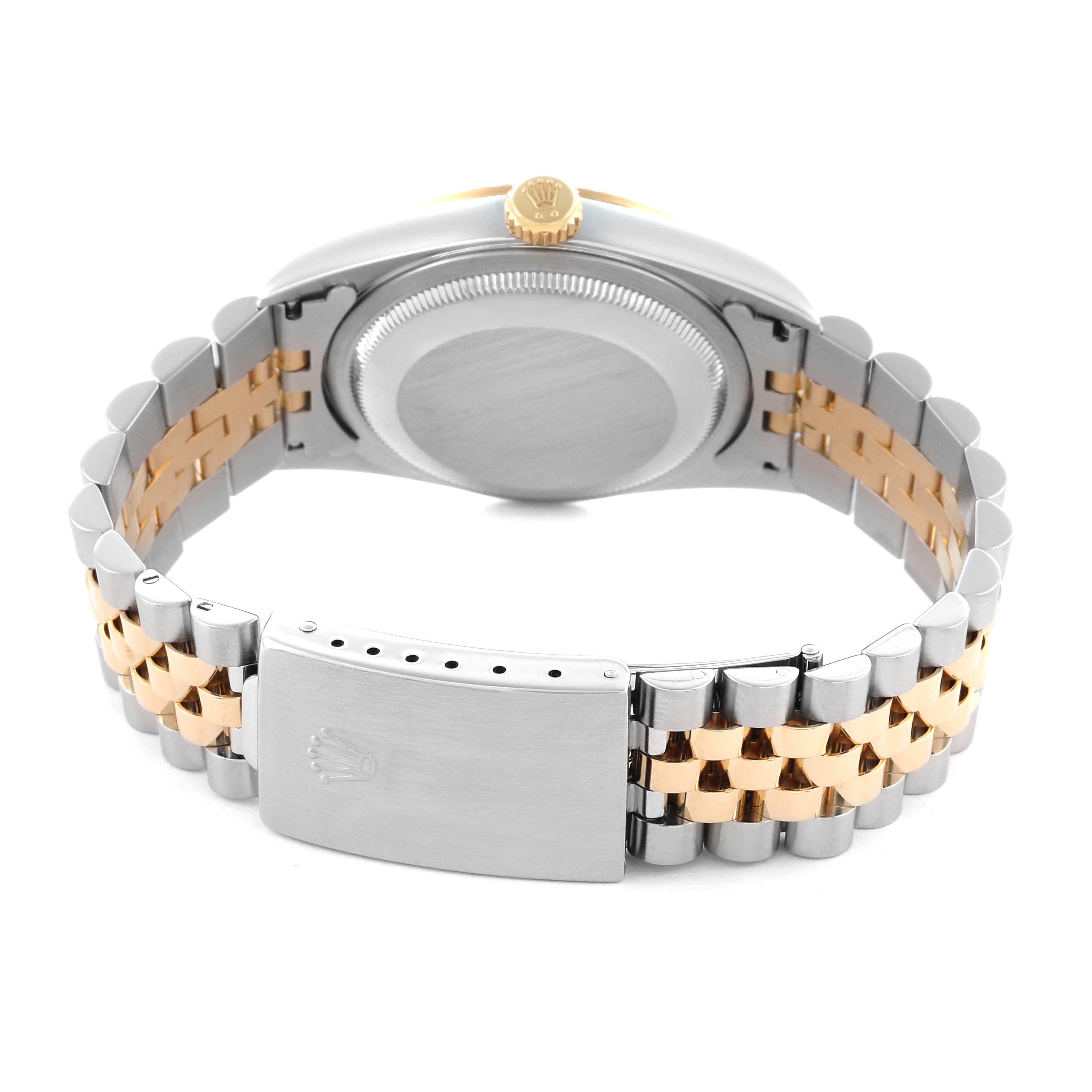 The image shows the Rolex Datejust 16233 Men's Steel and Gold (two tone) Champagne Dial 16233 Men's Steel and Gold (two tone) Champagne Dial watch from the back, displaying its Jubilee bracelet and clasp.