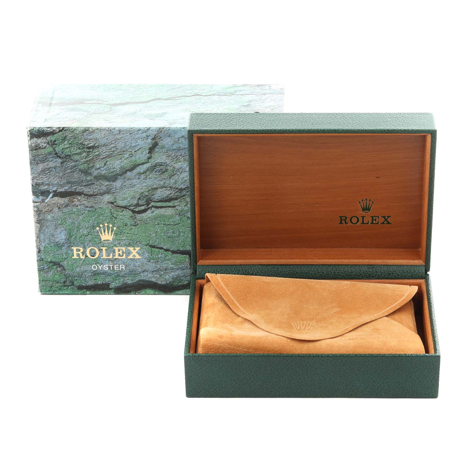 The image shows a Rolex Datejust 16233 Men's Steel and Gold (two tone) Champagne Dial 16233 Men's Steel and Gold (two tone) Champagne Dial watch box and a suede pouch with the box open, viewed from a straightforward angle.