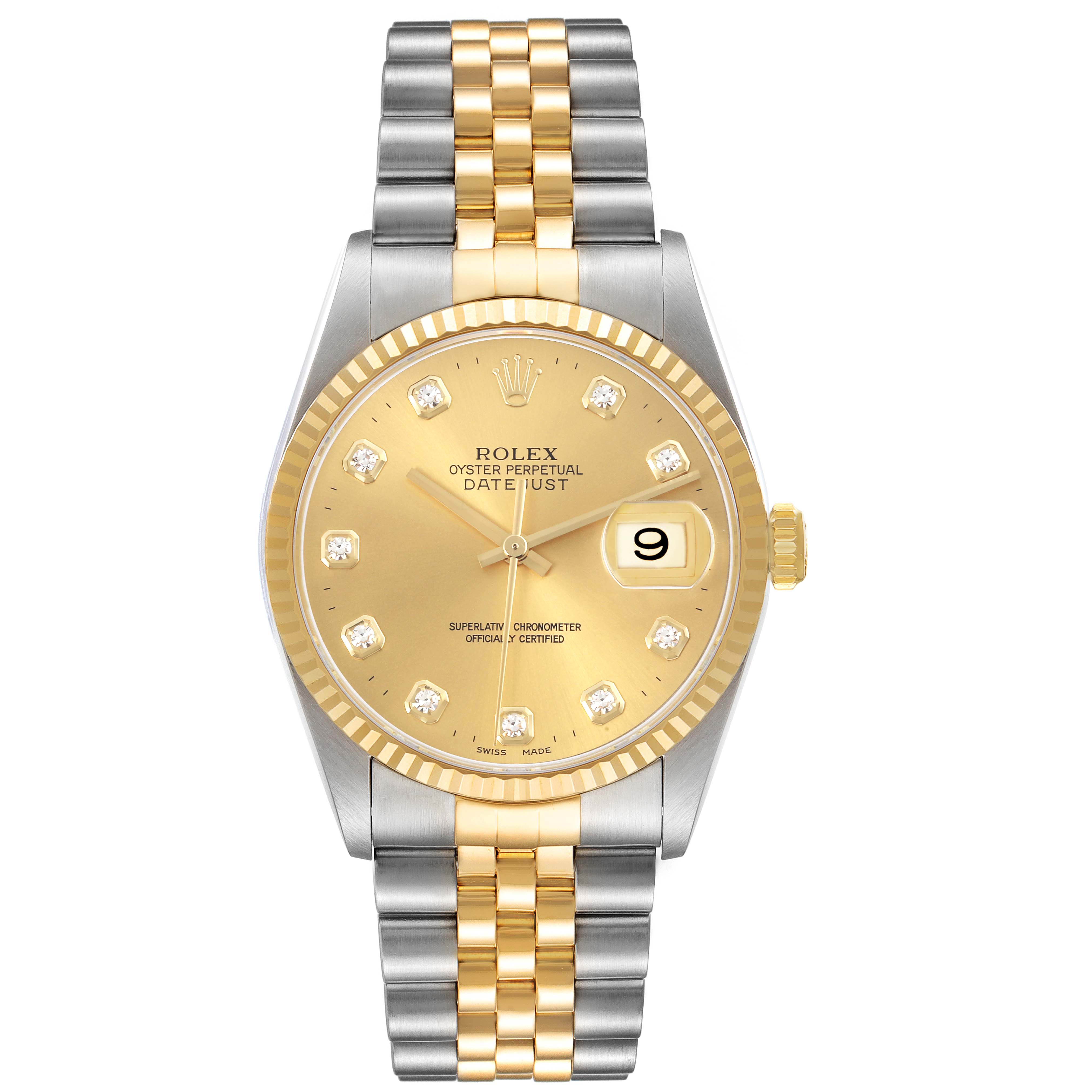 The Rolex Datejust 16233 Men's Steel and Gold (two tone) Champagne Dial 16233 Men's Steel and Gold (two tone) Champagne Dial model is shown from the front, displaying the gold dial, bezel, and two-tone bracelet.
