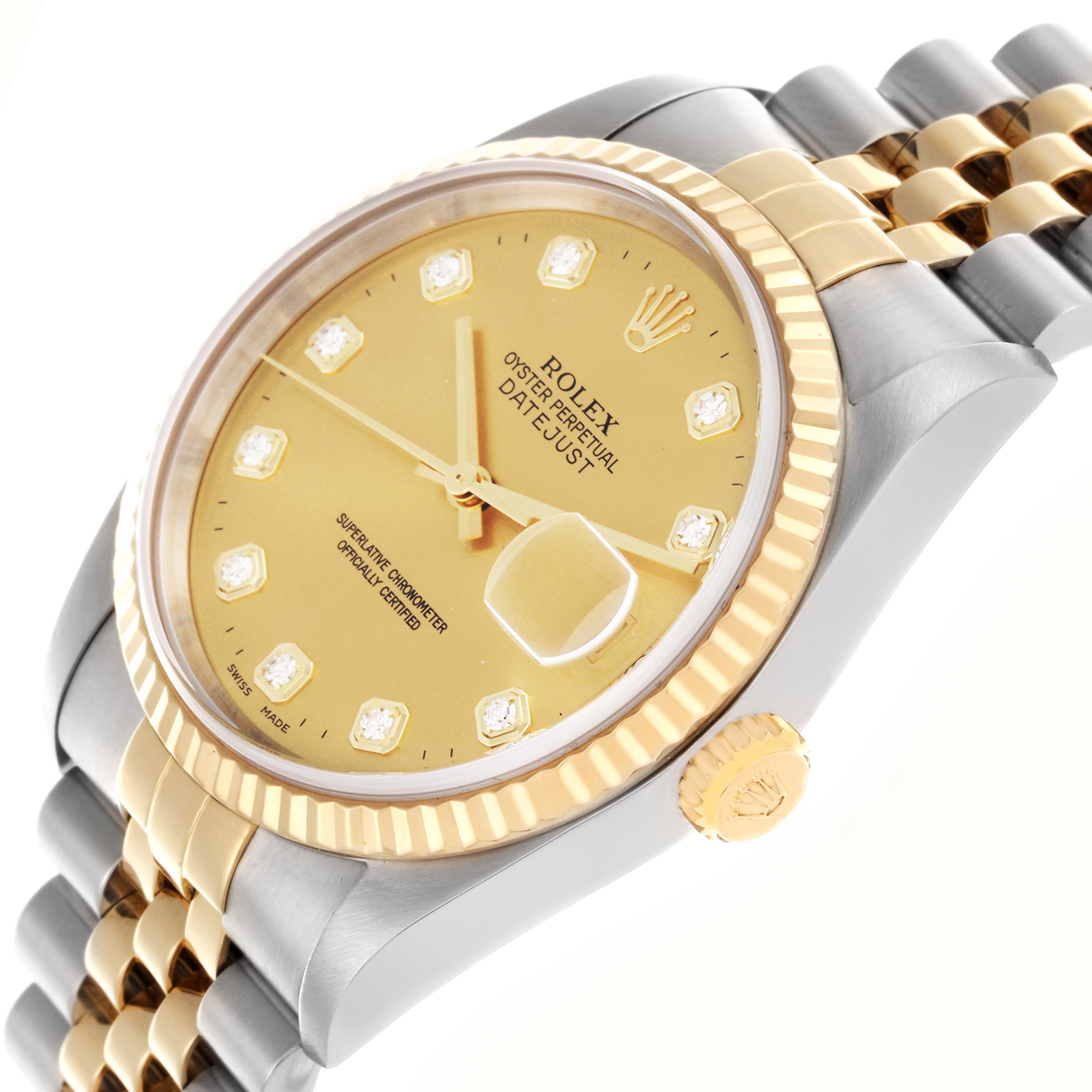 The Rolex Datejust 16233 Men's Steel and Gold (two tone) Champagne Dial 16233 Men's Steel and Gold (two tone) Champagne Dial watch is shown at an angled side view featuring the dial, bezel, crown, and bracelet.