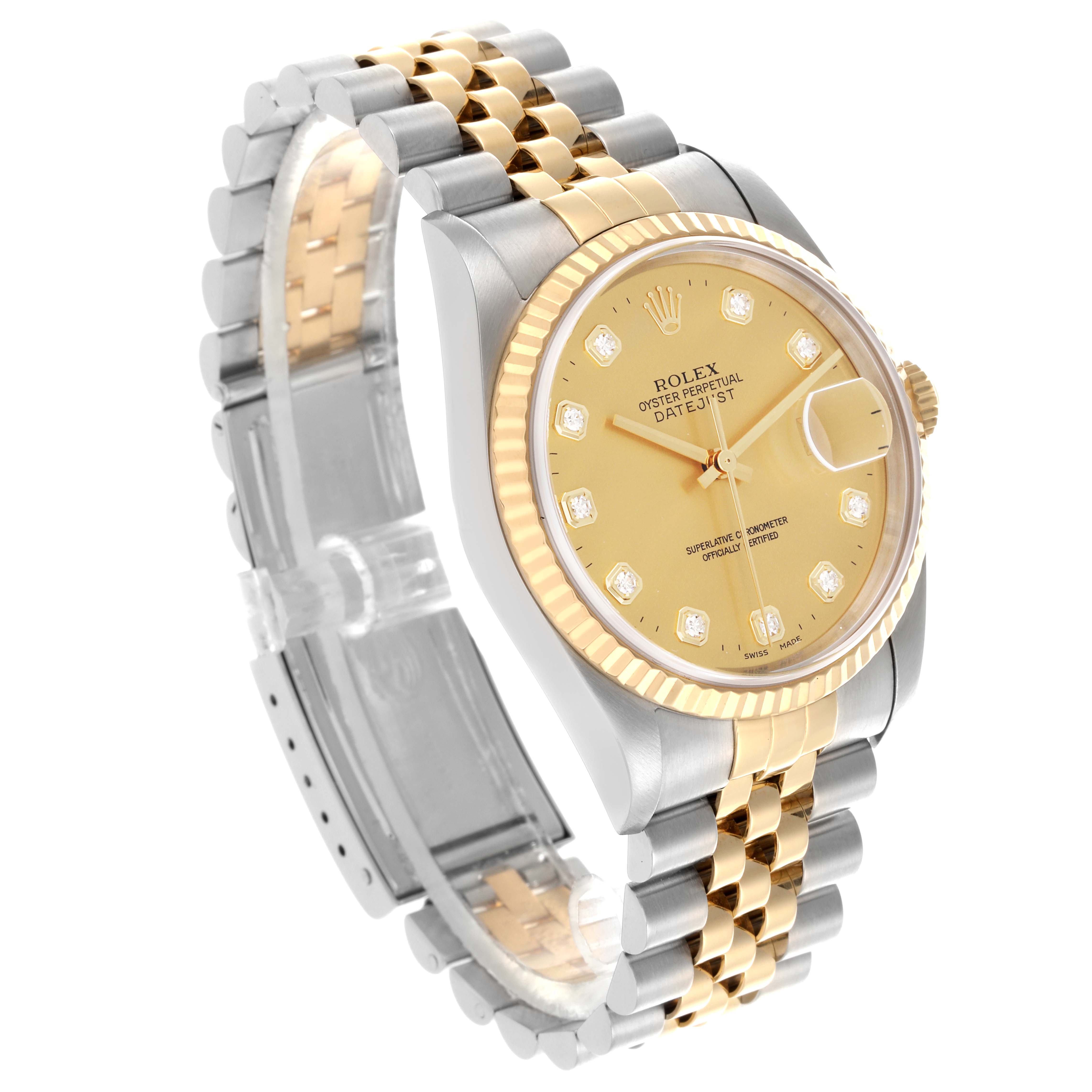 The Rolex Datejust 16233 Men's Steel and Gold (two tone) Champagne Dial 16233 Men's Steel and Gold (two tone) Champagne Dial watch is shown at a slight angle, highlighting the gold dial, bezel, and two-tone bracelet.