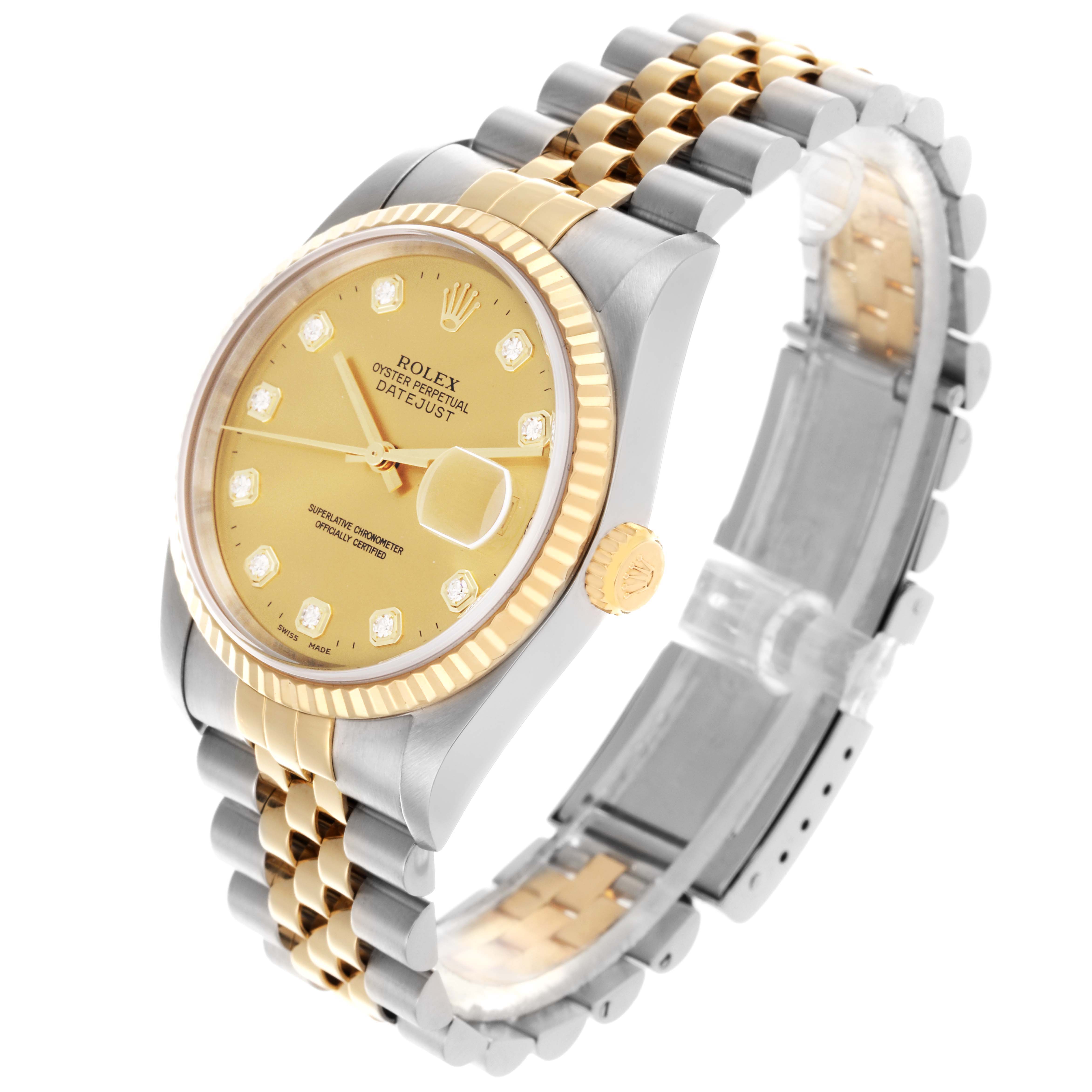 The Rolex Datejust 16233 Men's Steel and Gold (two tone) Champagne Dial 16233 Men's Steel and Gold (two tone) Champagne Dial watch is shown at an angled view, highlighting its face, bezel, crown, and two-tone bracelet.