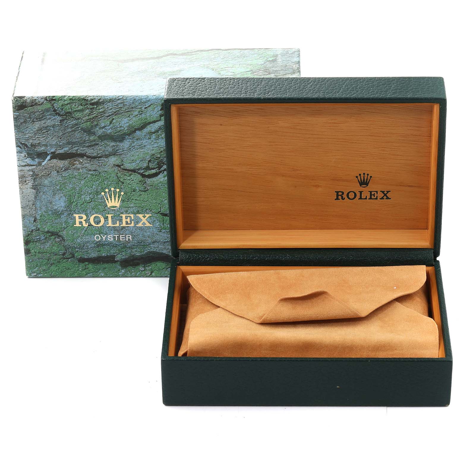 The image shows the opened box for a Rolex Datejust 16233 Men's Steel and Gold (two tone) Beige Dial 16233 Men's Steel and Gold (two tone) Beige Dial watch, revealing the interior wooden compartment and brown leather cushion.