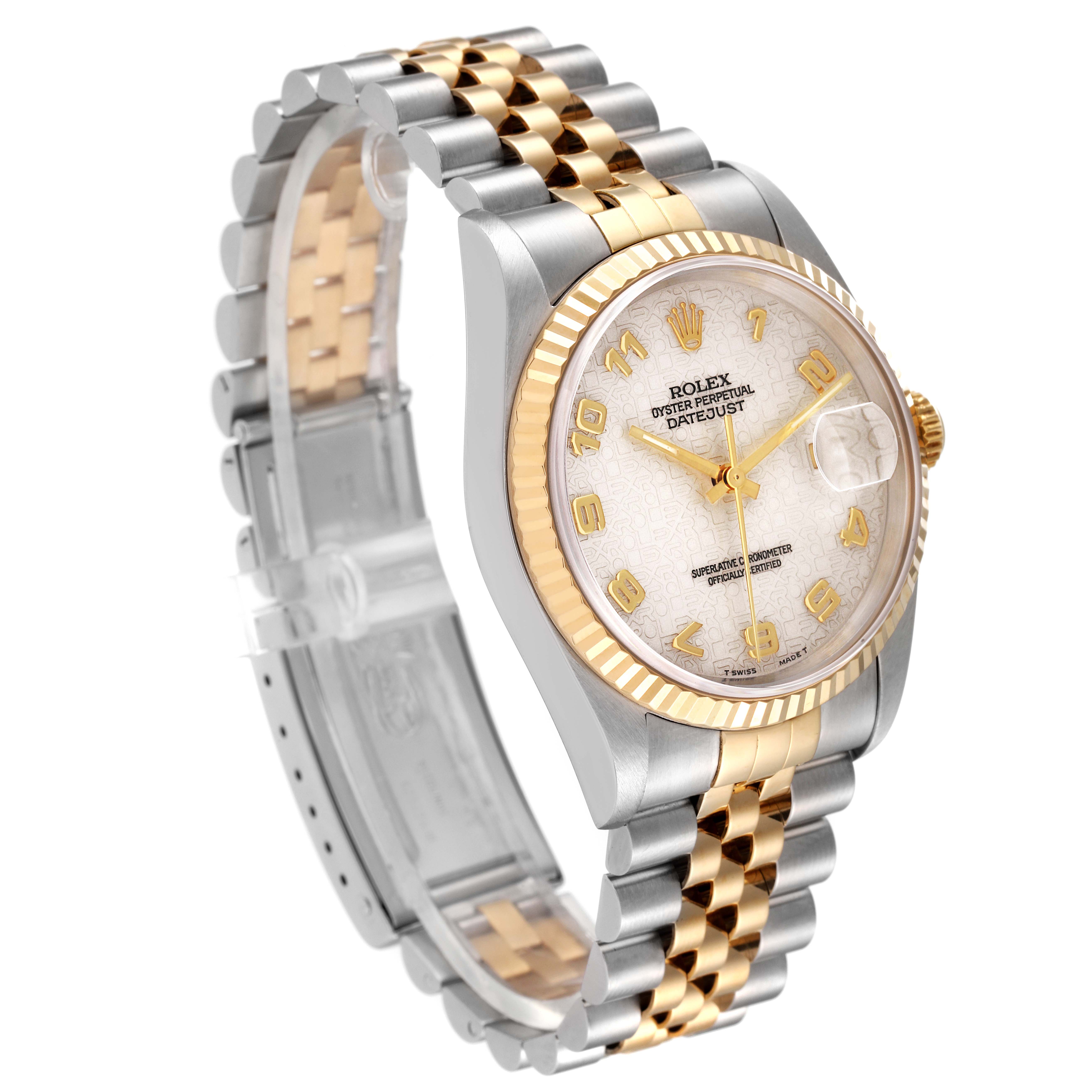 The Rolex Datejust 16233 Men's Steel and Gold (two tone) Beige Dial 16233 Men's Steel and Gold (two tone) Beige Dial watch is shown at a three-quarter angle, displaying its face, bracelet, and clasp.