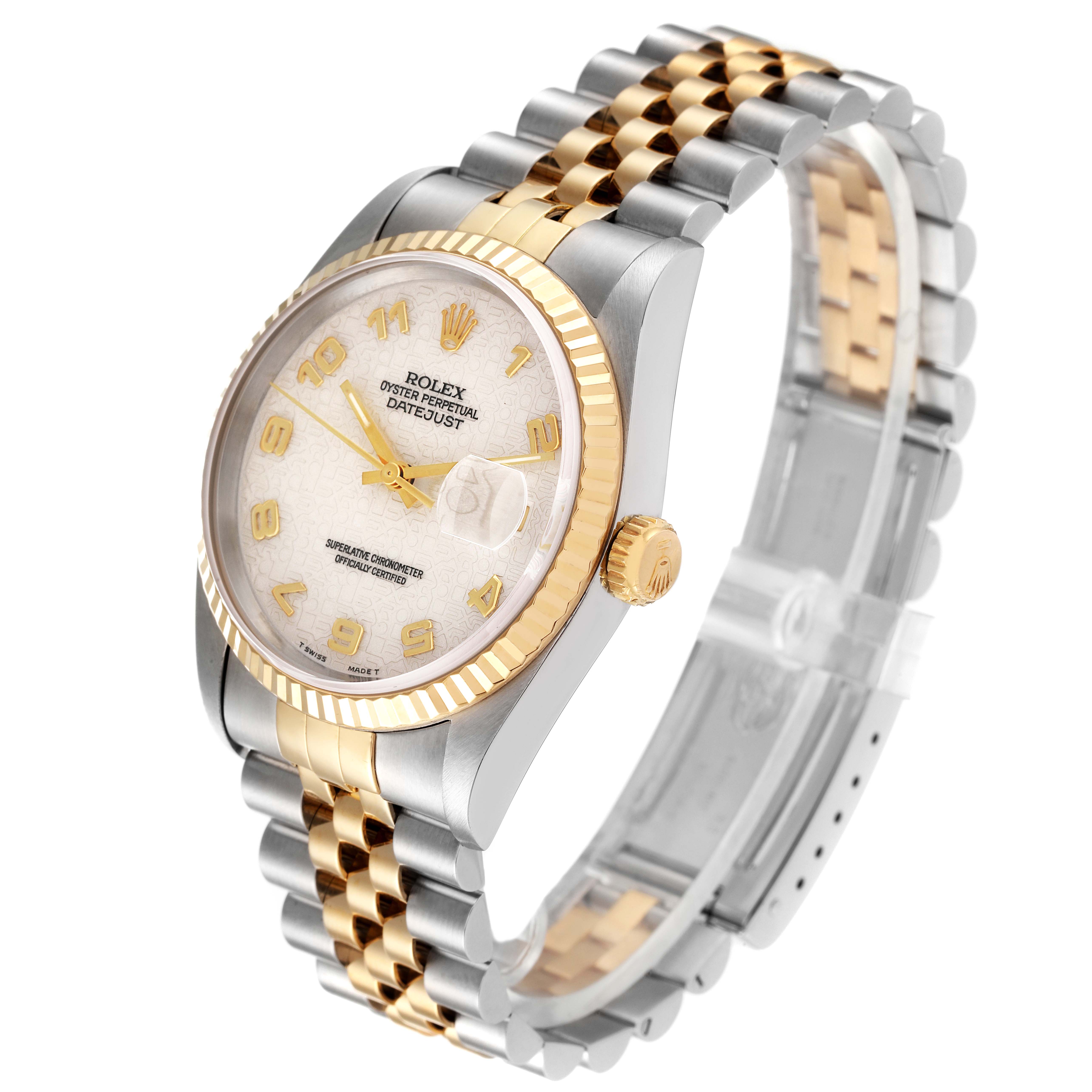 The image shows the front and side view of a Rolex Datejust 16233 Men's Steel and Gold (two tone) Beige Dial 16233 Men's Steel and Gold (two tone) Beige Dial watch, highlighting its dial, bezel, and two-tone bracelet.