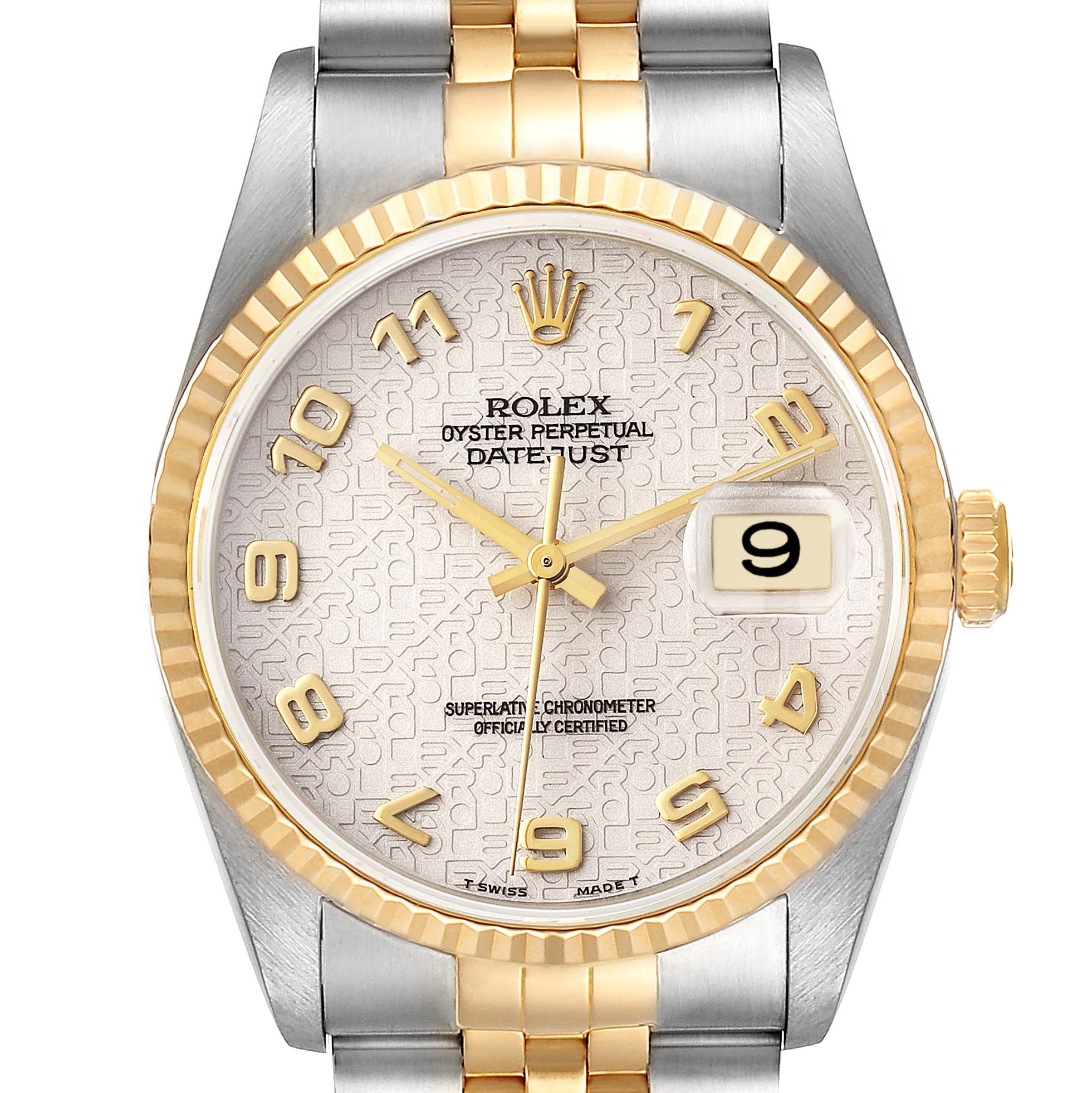 This image shows a front view of the Rolex Datejust 16233 Men's Steel and Gold (two tone) Beige Dial 16233 Men's Steel and Gold (two tone) Beige Dial watch, displaying the dial, bezel, and bracelet.