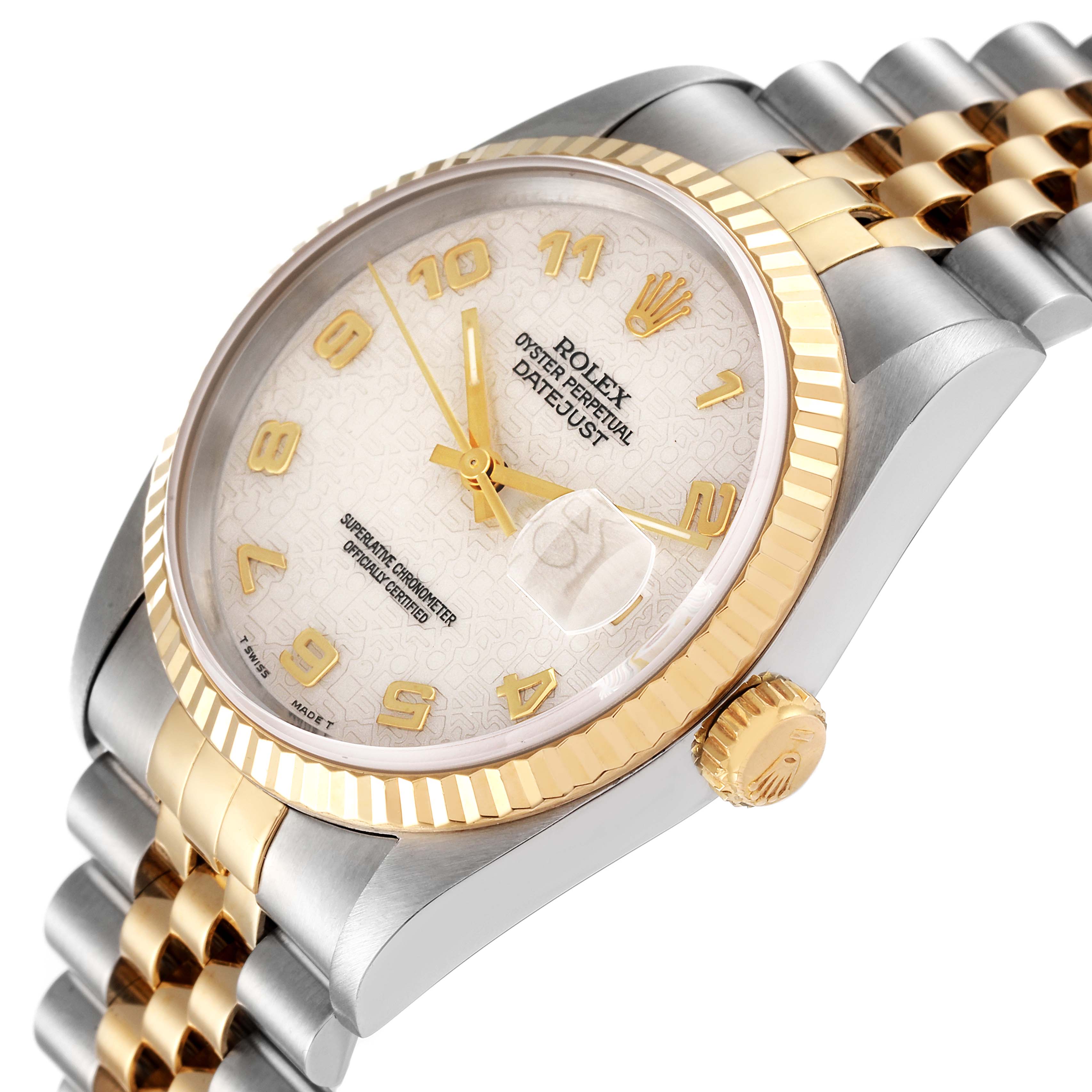 This image shows a Rolex Datejust 16233 Men's Steel and Gold (two tone) Beige Dial 16233 Men's Steel and Gold (two tone) Beige Dial watch from an angled side view, highlighting its dial, bezel, and parts of its bracelet.
