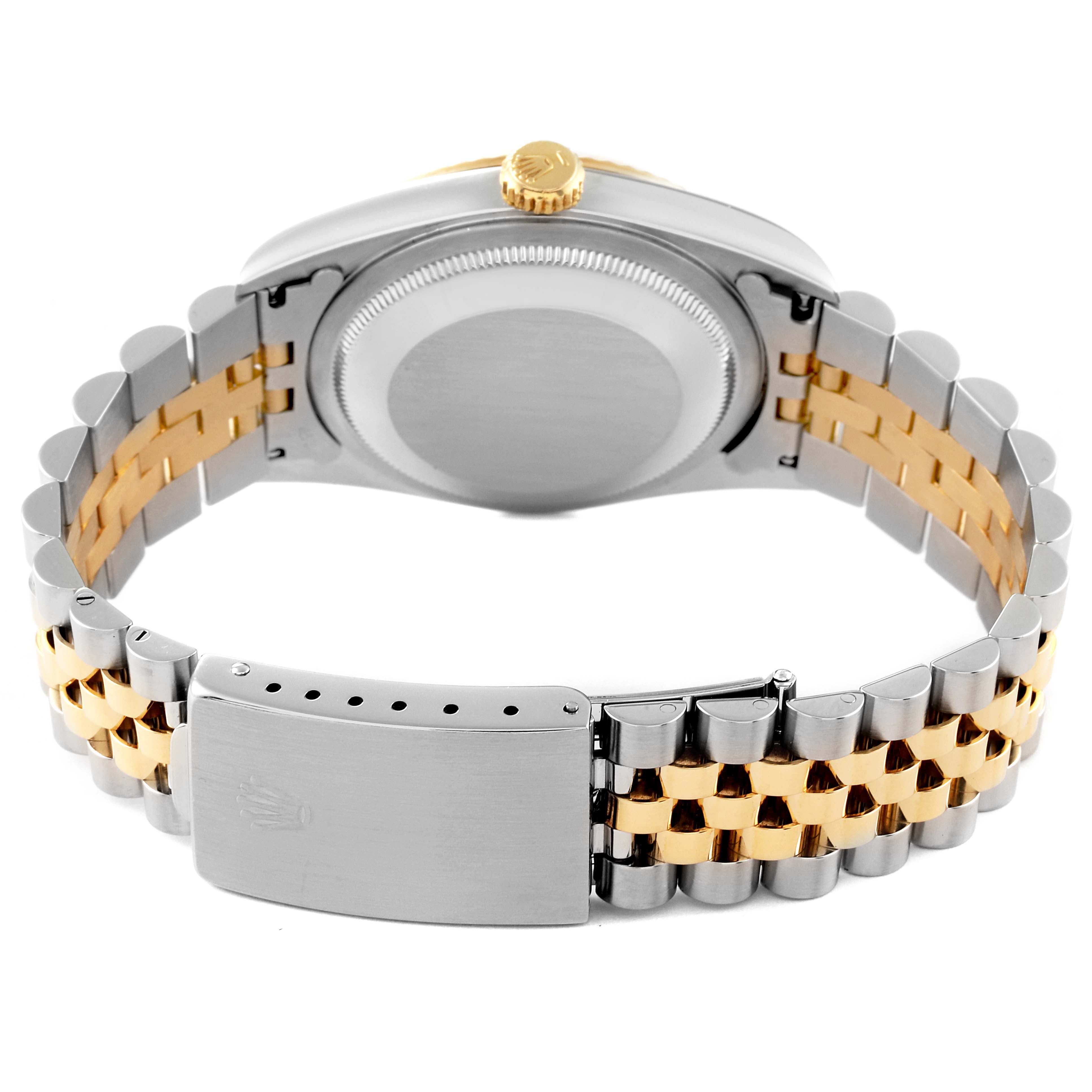 The image shows the back and clasp of a Rolex Datejust 16233 Men's Steel and Gold (two tone) Beige Dial 16233 Men's Steel and Gold (two tone) Beige Dial watch, highlighting its two-tone metallic bracelet.
