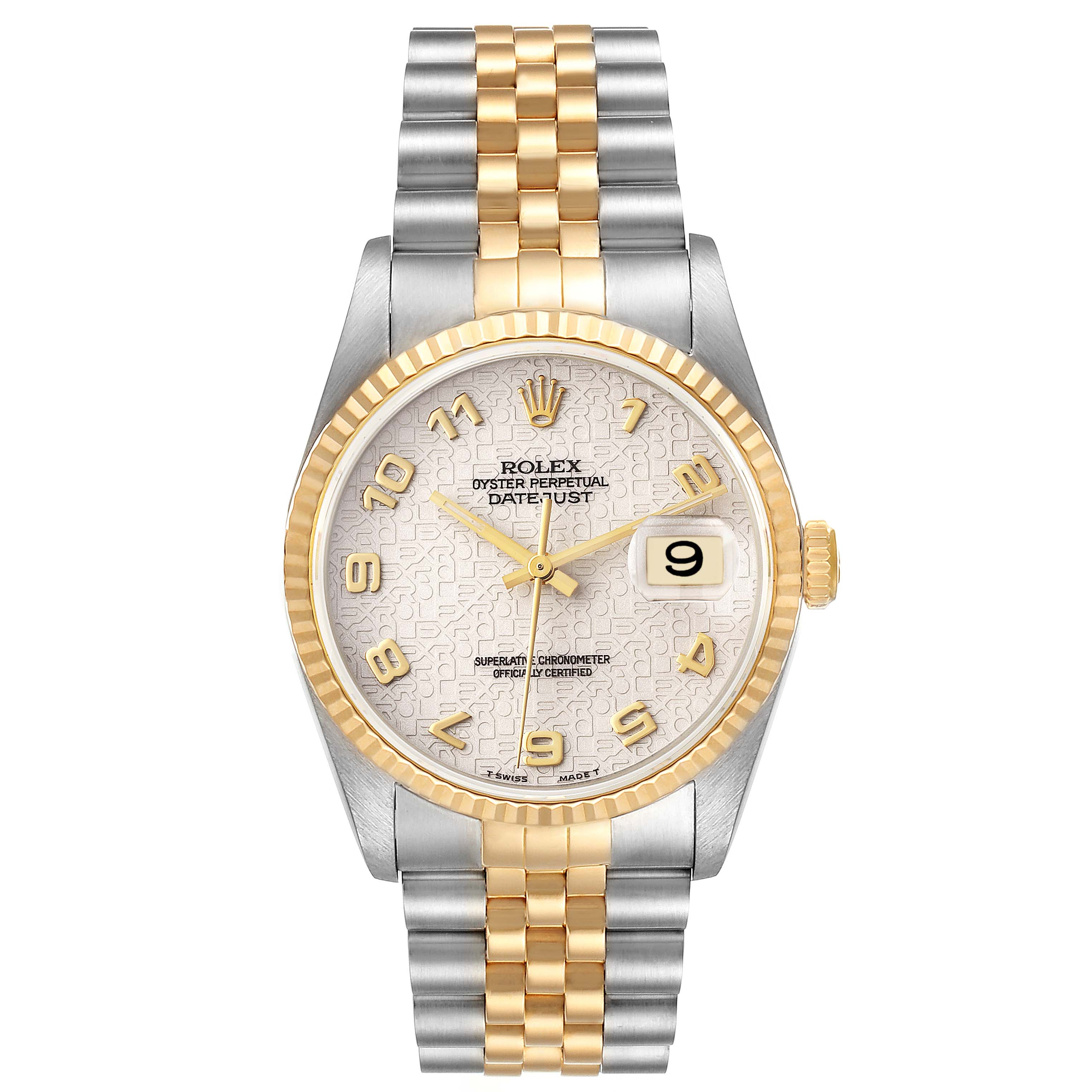 This image shows a Rolex Datejust 16233 Men's Steel and Gold (two tone) Beige Dial 16233 Men's Steel and Gold (two tone) Beige Dial watch from a front angle, highlighting the dial, bezel, and bracelet.
