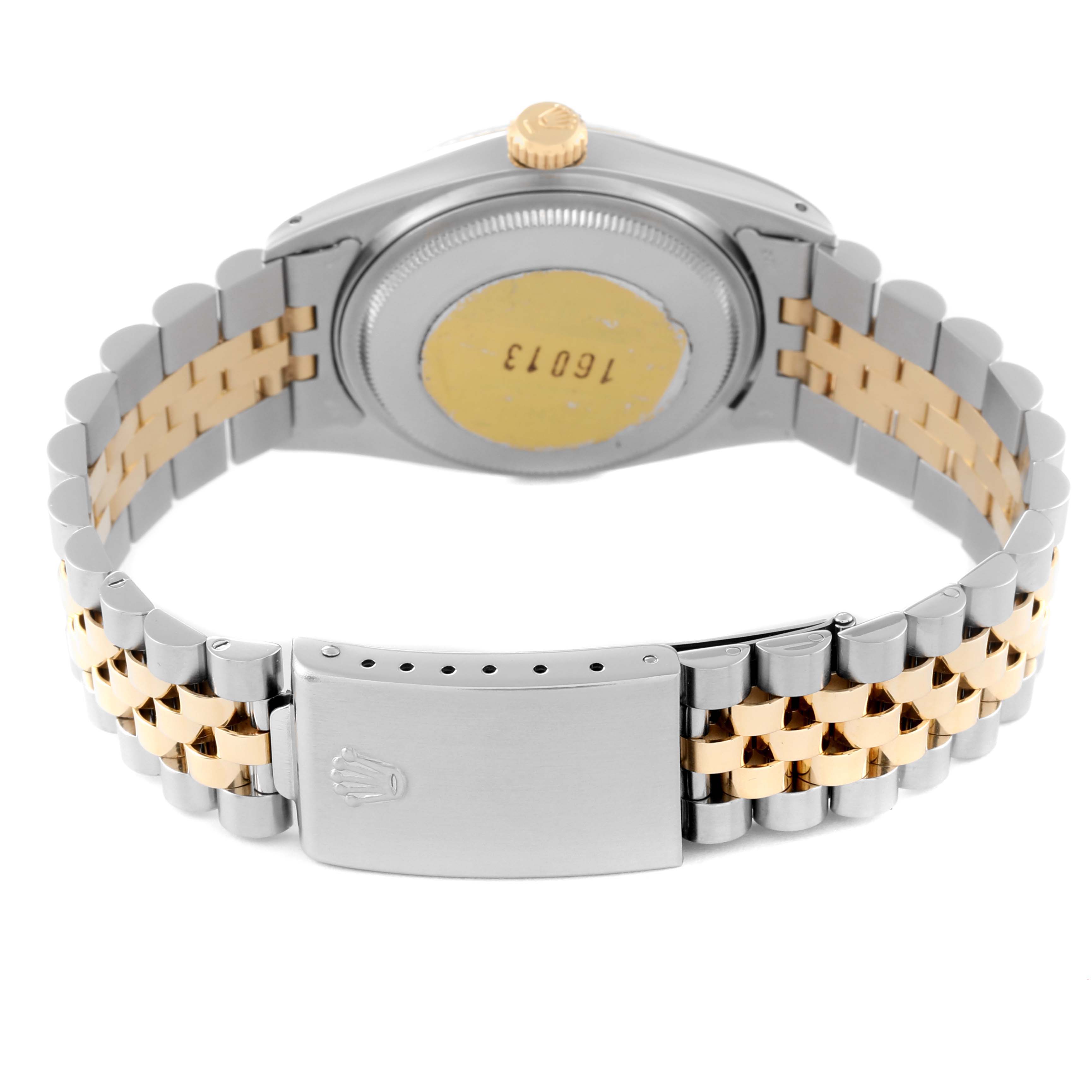 The image shows the back and band of the Rolex Vintage Collection 16013 Men's Steel and Gold (two tone) Champagne Dial 16013 Men's Steel and Gold (two tone) Champagne Dial watch, focusing on its two-tone bracelet and clasp.