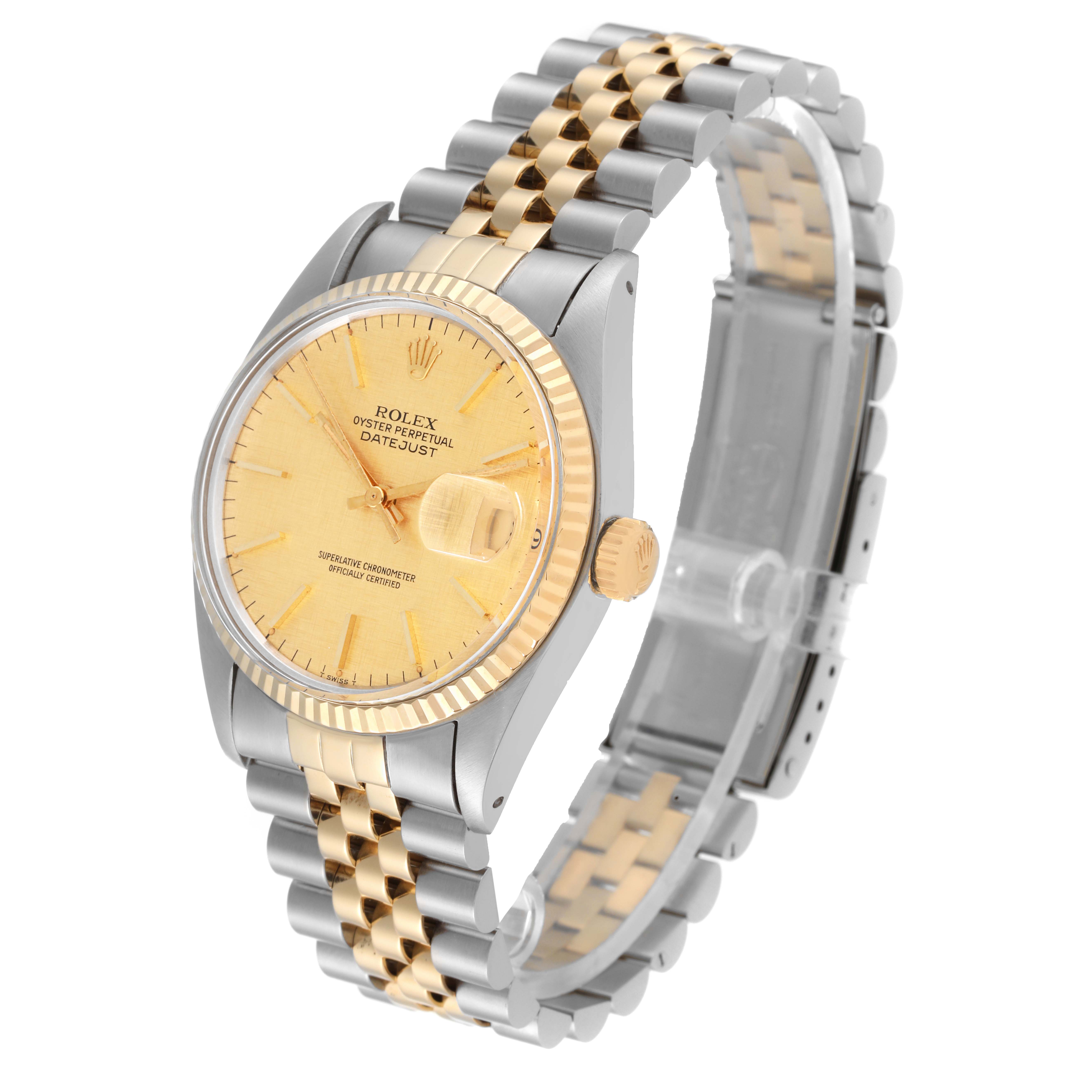 The image shows a Rolex Vintage Collection 16013 Men's Steel and Gold (two tone) Champagne Dial 16013 Men's Steel and Gold (two tone) Champagne Dial Datejust watch at a slight angle, highlighting its gold bezel, dial, and two-tone metal bracelet.