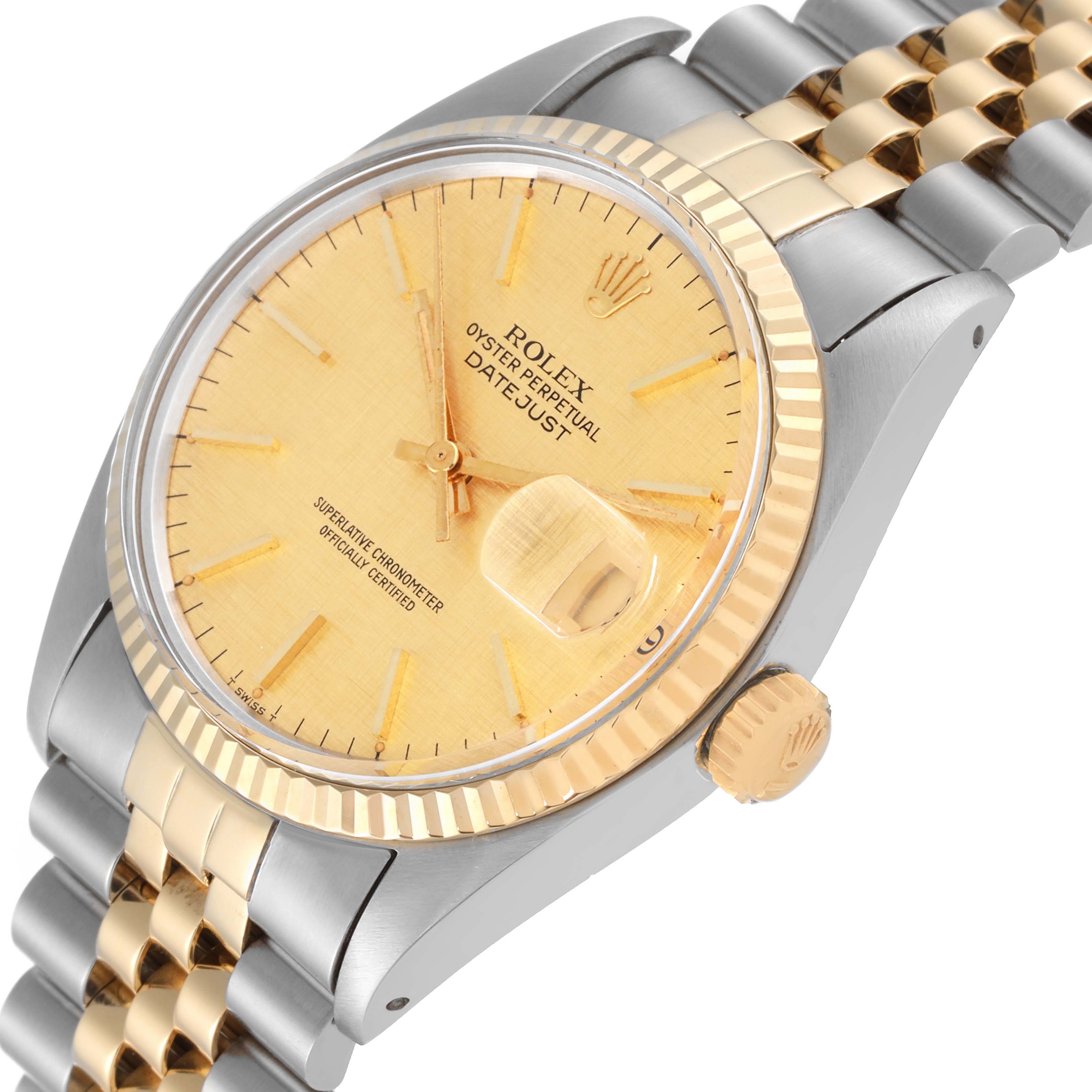 The image shows an angled view of the Rolex Vintage Collection 16013 Men's Steel and Gold (two tone) Champagne Dial 16013 Men's Steel and Gold (two tone) Champagne Dial Datejust watch, highlighting its gold face, bezel, and two-tone bracelet.