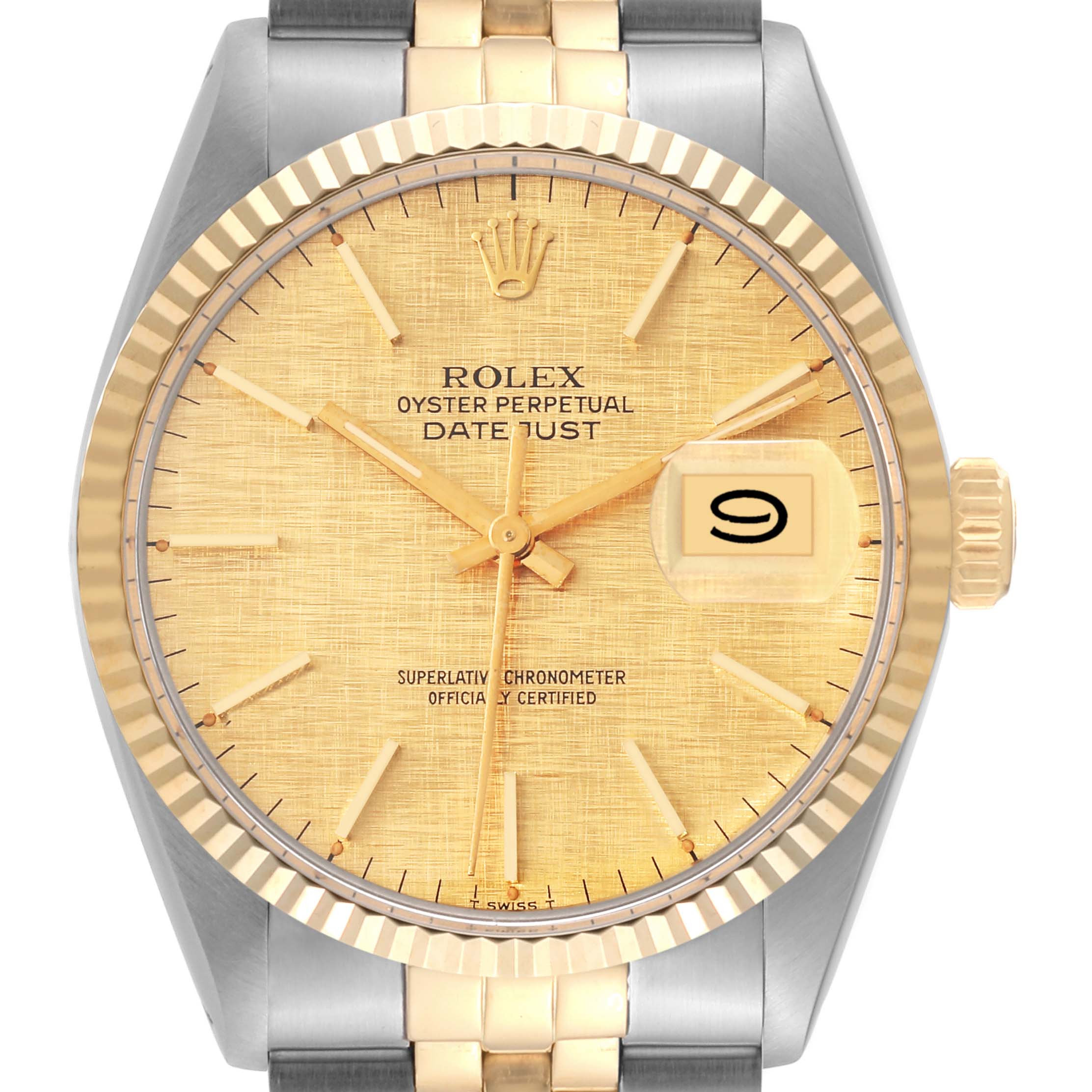 The image shows the face of a Rolex Vintage Collection 16013 Men's Steel and Gold (two tone) Champagne Dial 16013 Men's Steel and Gold (two tone) Champagne Dial Oyster Perpetual Datejust watch, highlighting its dial, bezel, crown, and part of the bracelet.