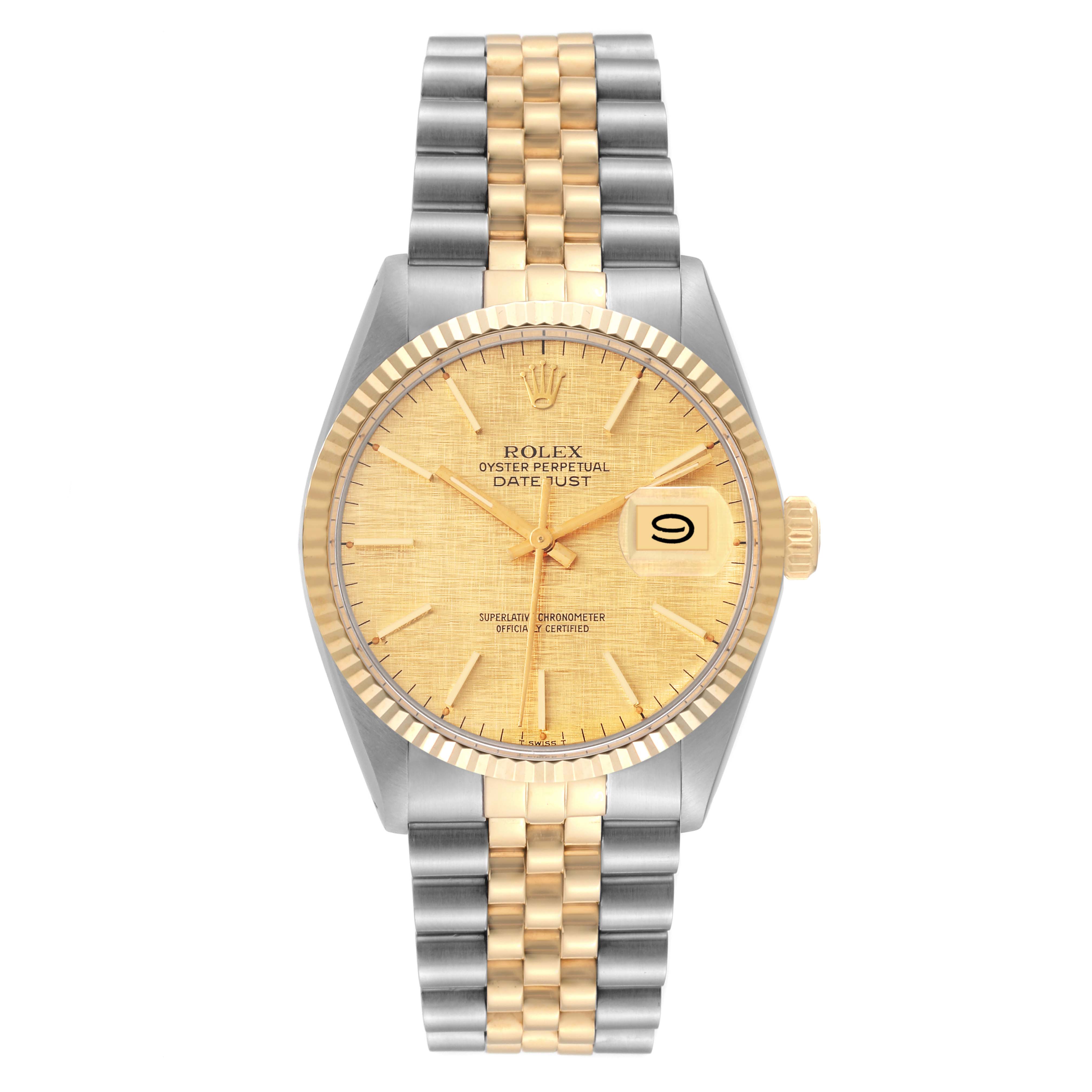 The image shows a front view of the Rolex Oyster Perpetual Datejust Vintage Collection watch with a two-tone bracelet.