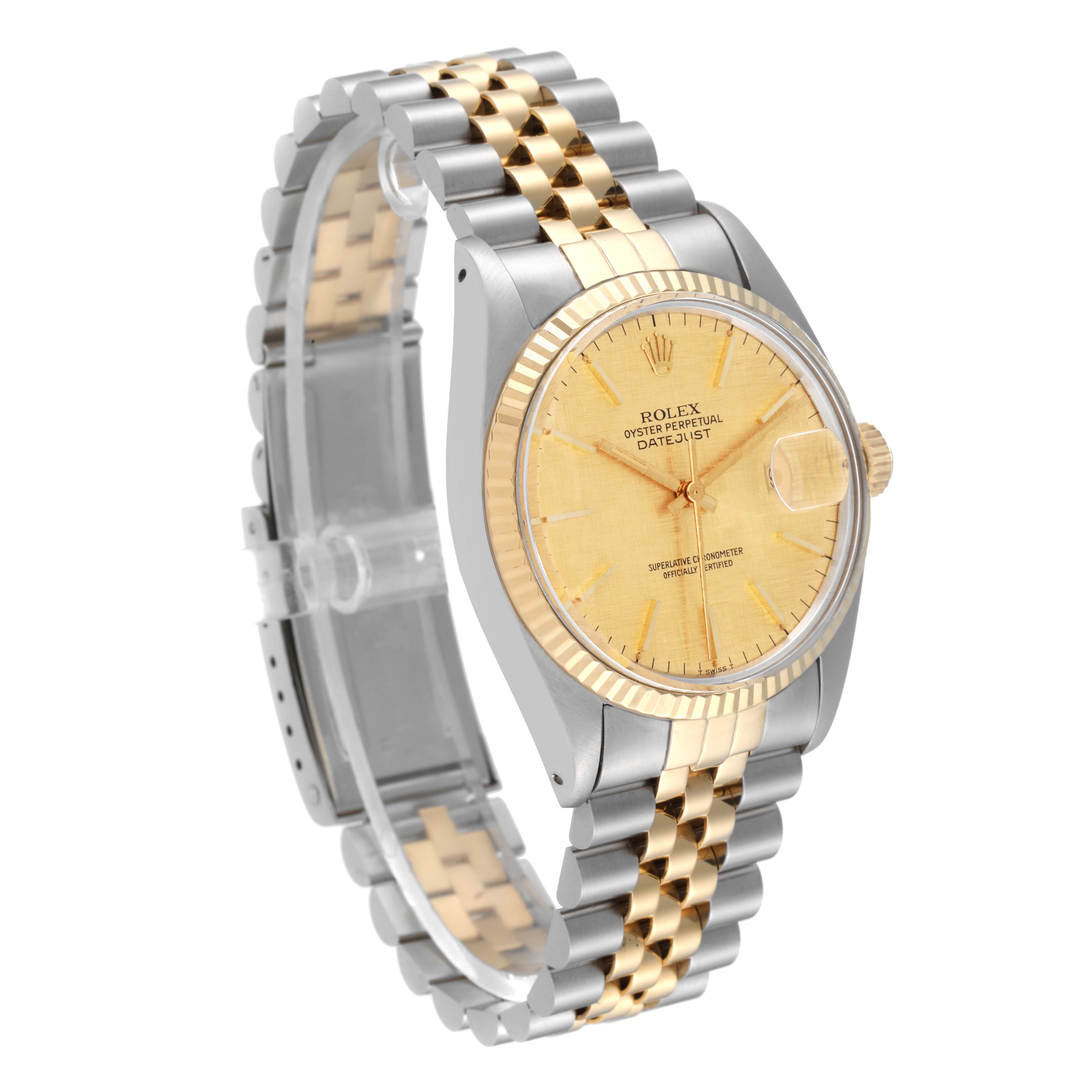 The image shows a Rolex Vintage Collection 16013 Men's Steel and Gold (two tone) Champagne Dial 16013 Men's Steel and Gold (two tone) Champagne Dial Datejust watch at a three-quarter angle, highlighting its bracelet, dial, and fluted bezel.
