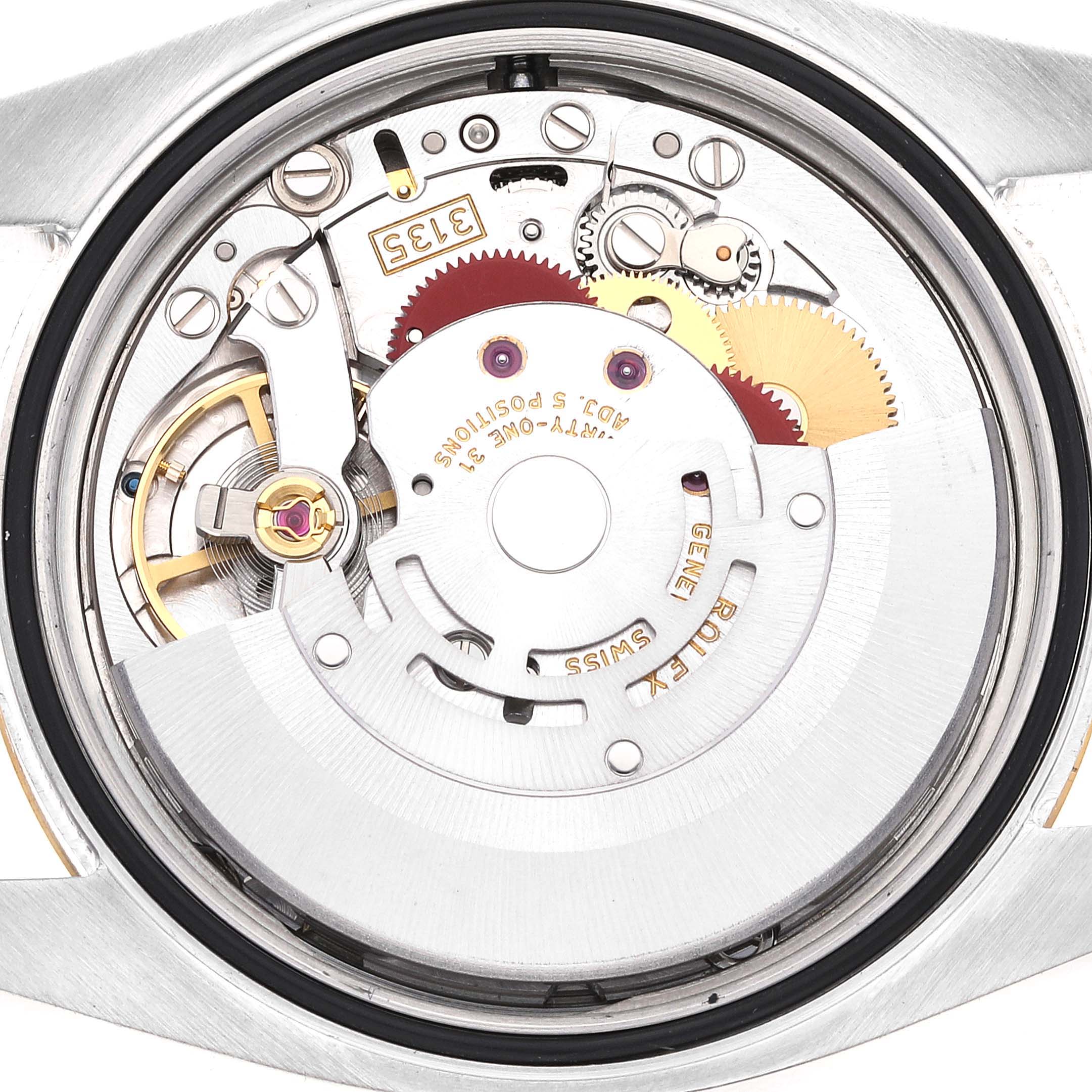 The image shows the open caseback view of the Rolex Datejust 116233 Men's Steel and Gold (two tone) Silver Dial 116233 Men's Steel and Gold (two tone) Silver Dial watch, revealing its internal mechanical movement.