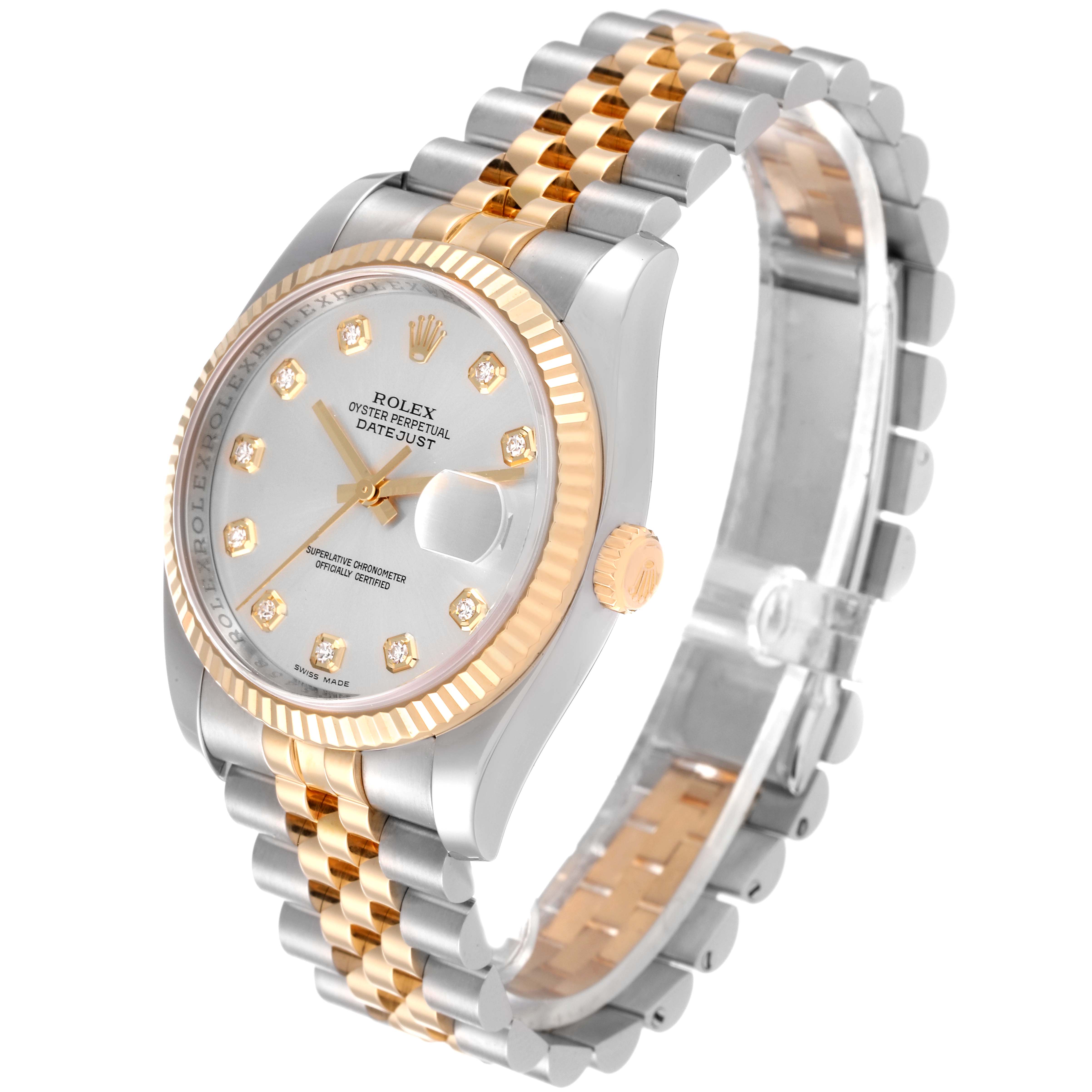 The image shows a Rolex Datejust 116233 Men's Steel and Gold (two tone) Silver Dial 116233 Men's Steel and Gold (two tone) Silver Dial watch at a slight angle, highlighting the face, bezel, and two-tone bracelet.