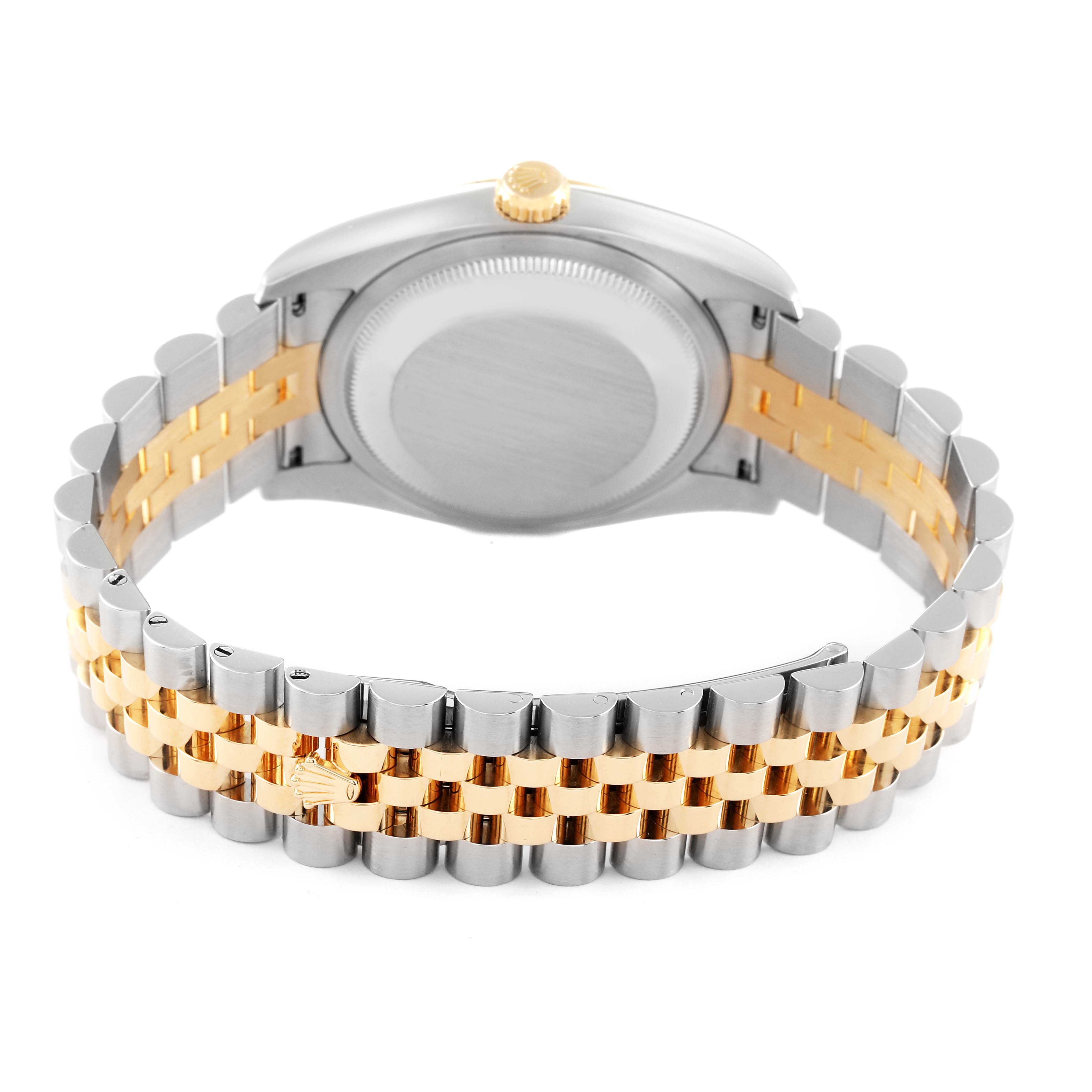 The image shows the back view of a Rolex Datejust 116233 Men's Steel and Gold (two tone) Silver Dial 116233 Men's Steel and Gold (two tone) Silver Dial watch highlighting its two-tone bracelet and case back.