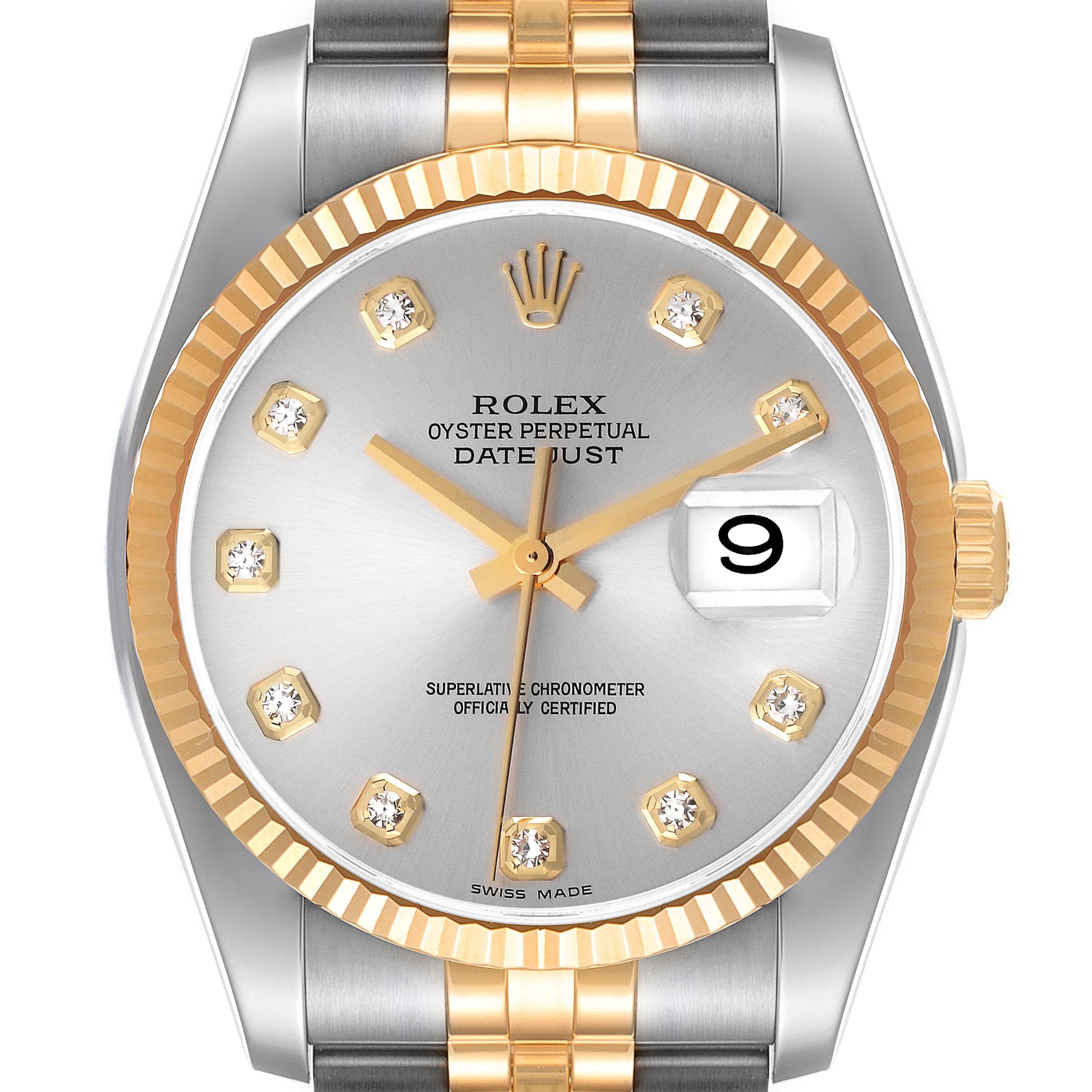 The Rolex Datejust 116233 Men's Steel and Gold (two tone) Silver Dial 116233 Men's Steel and Gold (two tone) Silver Dial watch is shown from the front, highlighting its gold fluted bezel, silver dial, and diamond hour markers.