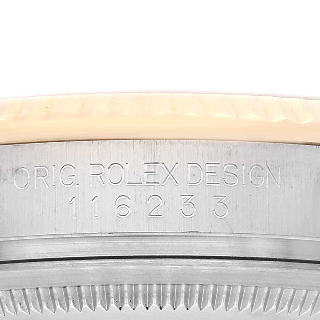 The image shows a close-up of the side of the Rolex Datejust 116233 Men's Steel and Gold (two tone) Silver Dial 116233 Men's Steel and Gold (two tone) Silver Dial watch, highlighting the model number and "Orig. Rolex Design" engraving.
