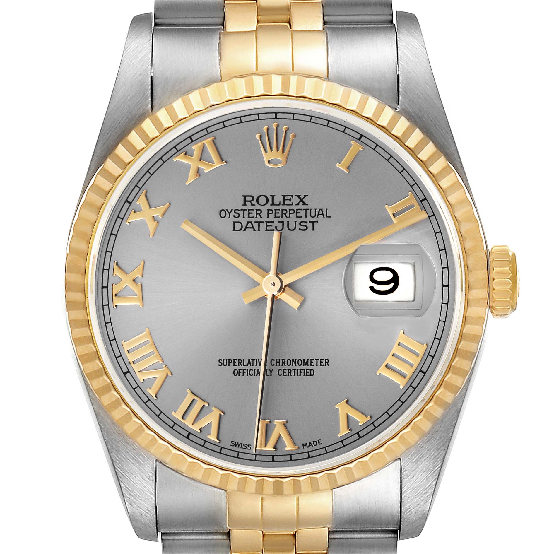 This image shows a front view of a Rolex Datejust 16233 Men's Steel and Gold (two tone) Grey Dial 16233 Men's Steel and Gold (two tone) Grey Dial watch featuring a two-tone bracelet.