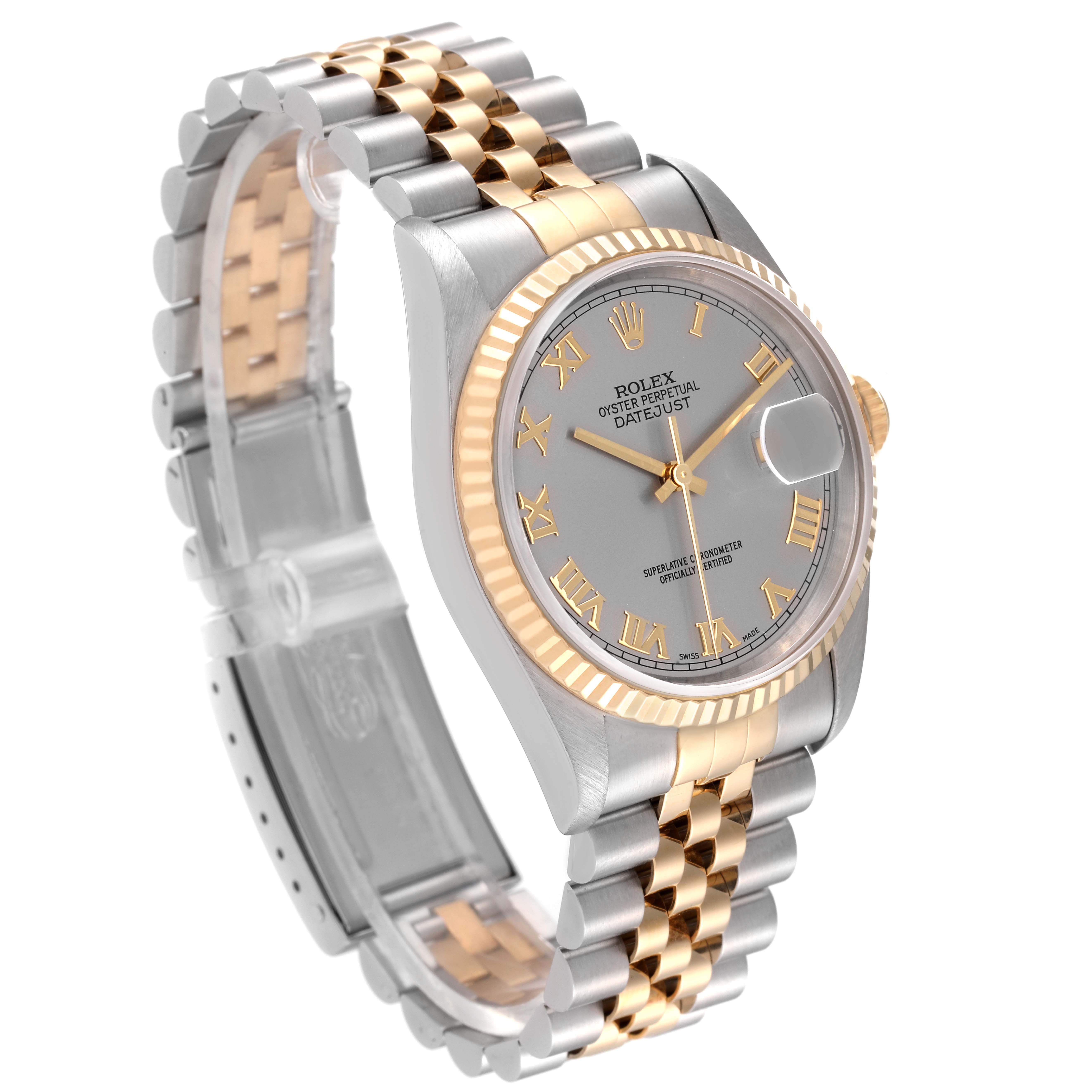 This Rolex Datejust 16233 Men's Steel and Gold (two tone) Grey Dial 16233 Men's Steel and Gold (two tone) Grey Dial model is shown at an oblique angle, highlighting the face, bezel, and bracelet.