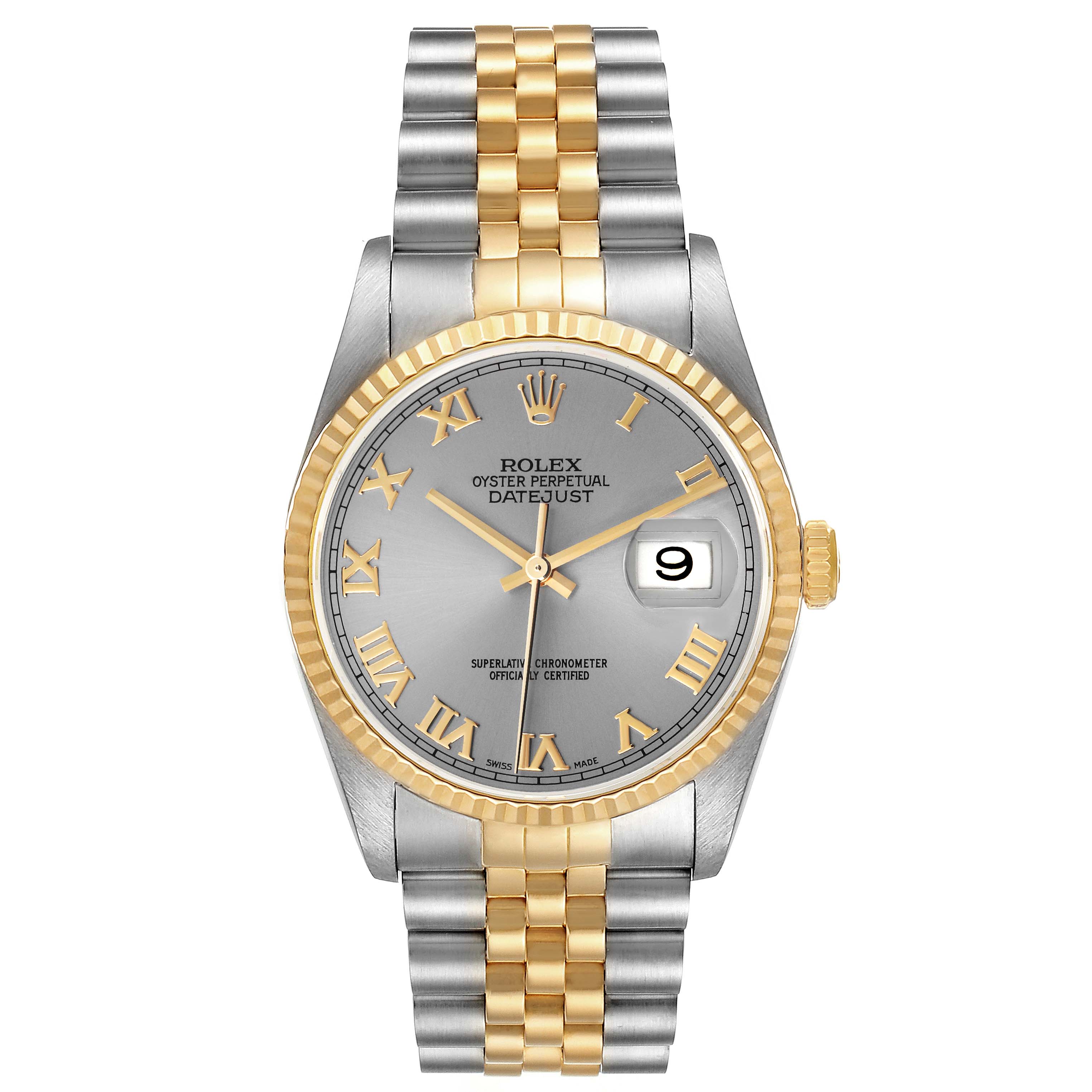 This image shows a frontal view of a Rolex Datejust 16233 Men's Steel and Gold (two tone) Grey Dial 16233 Men's Steel and Gold (two tone) Grey Dial, featuring a two-tone band and a silver dial with Roman numerals.