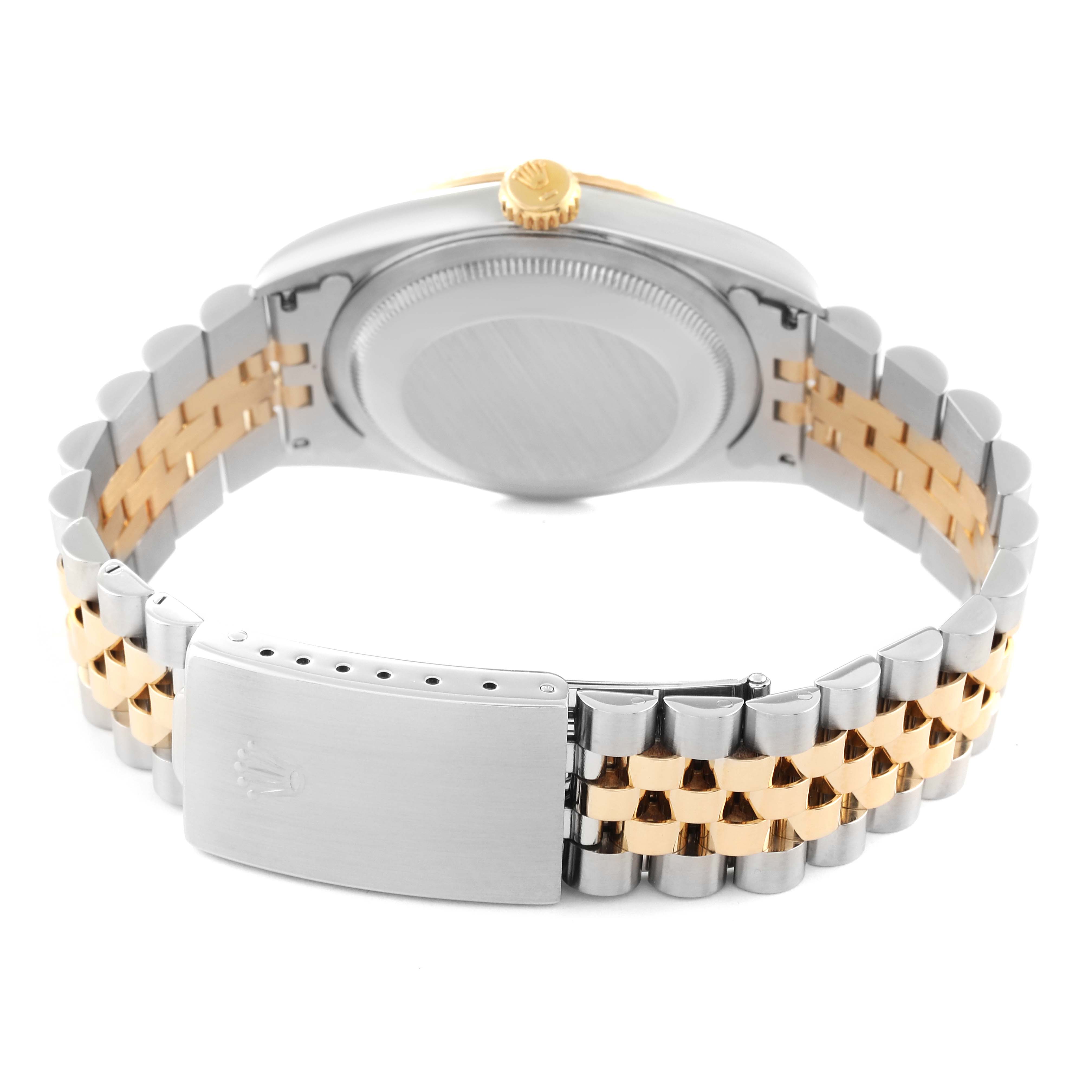 The image shows the back of a Rolex Datejust 16233 Men's Steel and Gold (two tone) Grey Dial 16233 Men's Steel and Gold (two tone) Grey Dial watch, highlighting the case back, crown, and two-tone bracelet with a clasp.