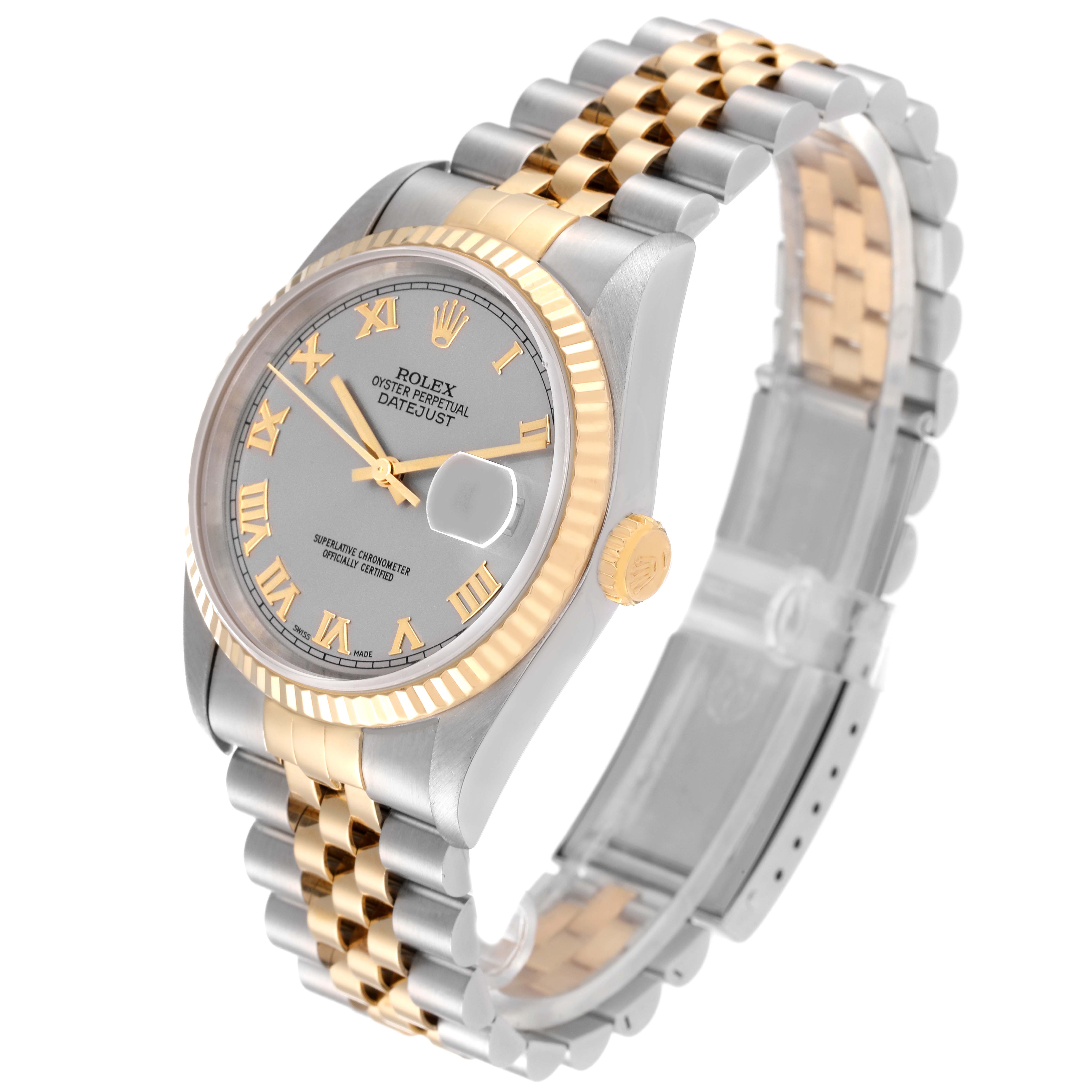 The image shows a Rolex Datejust 16233 Men's Steel and Gold (two tone) Grey Dial 16233 Men's Steel and Gold (two tone) Grey Dial watch at a slight side angle, highlighting its face, bezel, crown, and part of the bracelet.