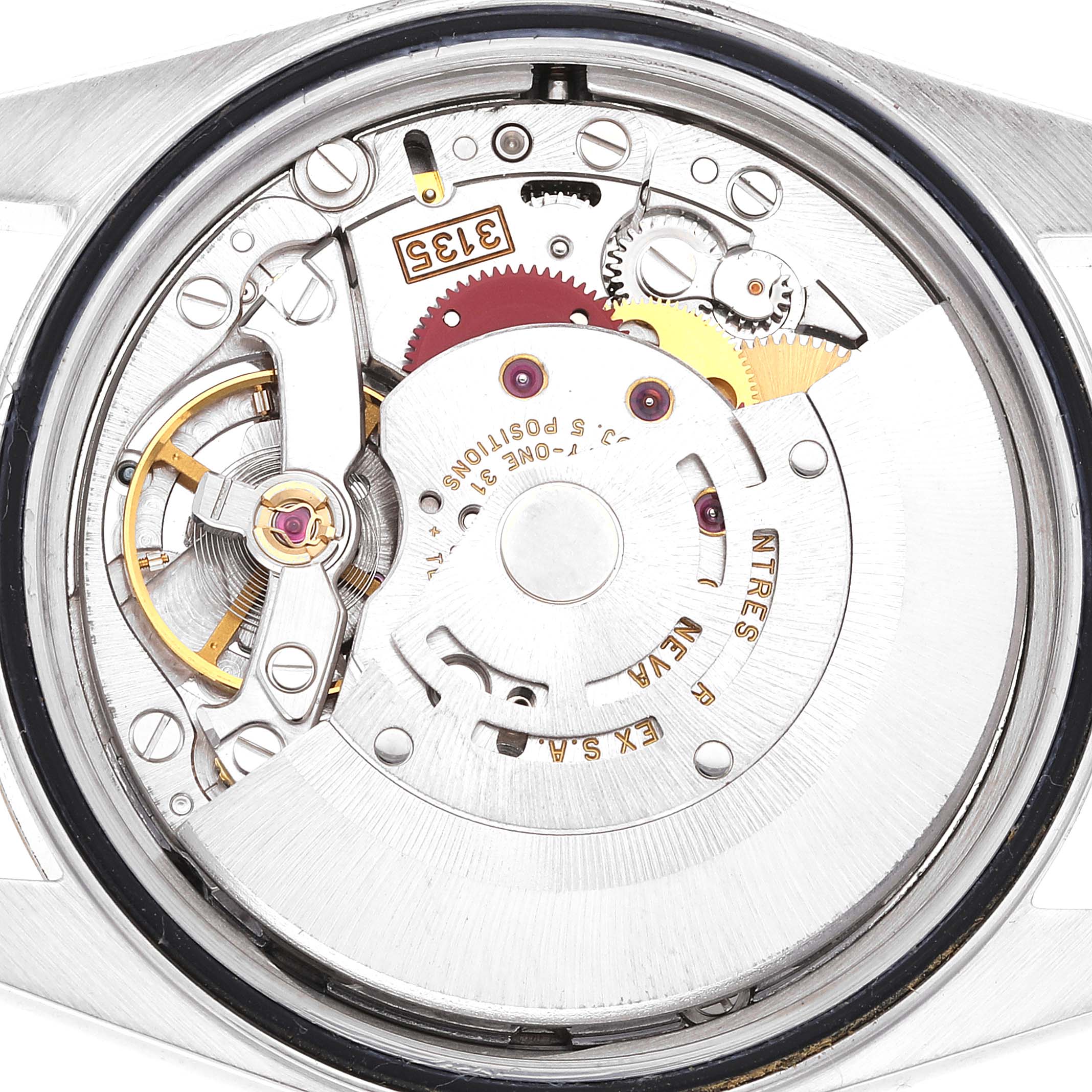 This image shows a detailed view of the Rolex Datejust 16233 Men's Steel and Gold (two tone) Grey Dial 16233 Men's Steel and Gold (two tone) Grey Dial movement, highlighting gears, balance wheel, and other internal mechanisms.