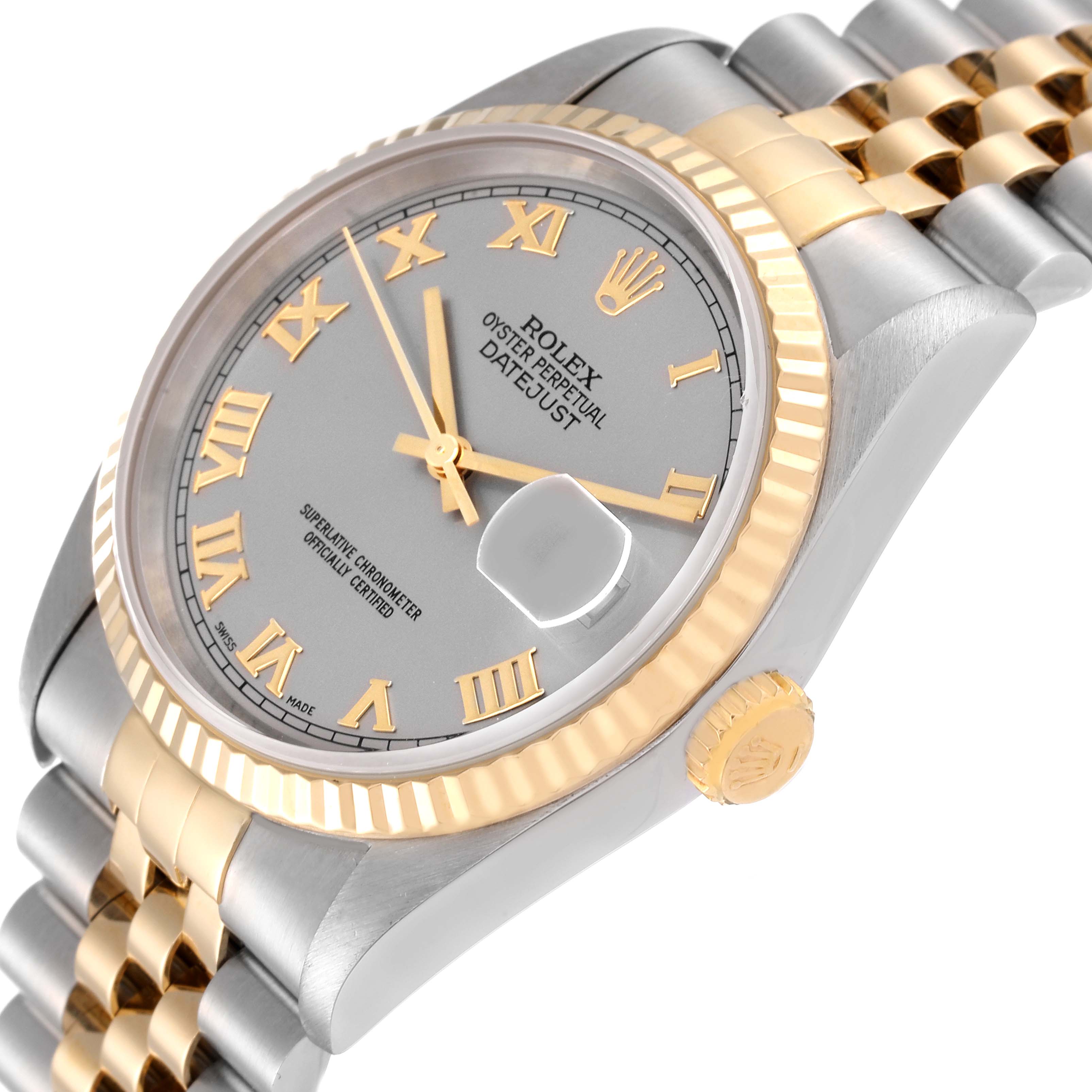 This image shows a close-up angled view of a Rolex Datejust 16233 Men's Steel and Gold (two tone) Grey Dial 16233 Men's Steel and Gold (two tone) Grey Dial watch, highlighting its dial, bezel, crown, and bracelet.