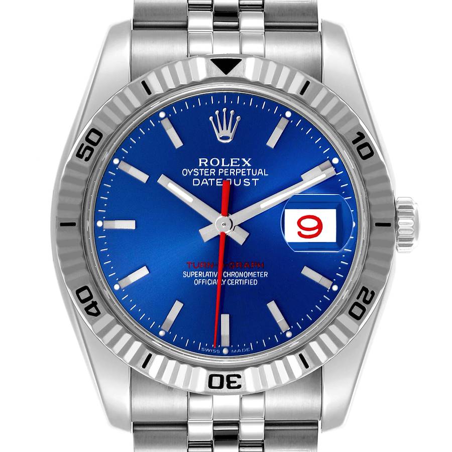 The Rolex Turn-o-Graph watch is shown from a front angle, displaying its dial, bezel, and bracelet.