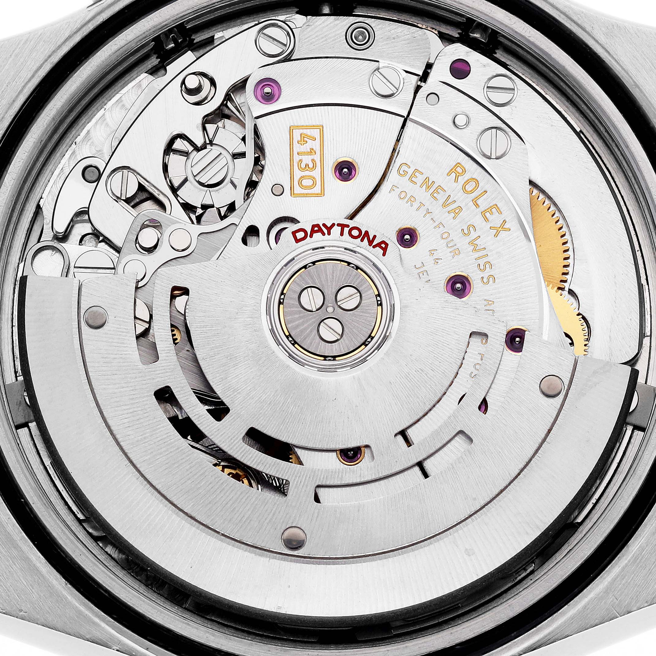 The image shows the intricate movement of a Rolex Daytona 116520 Men's Stainless Steel White Dial 116520 Men's Stainless Steel White Dial watch, highlighting gears and engraving details.